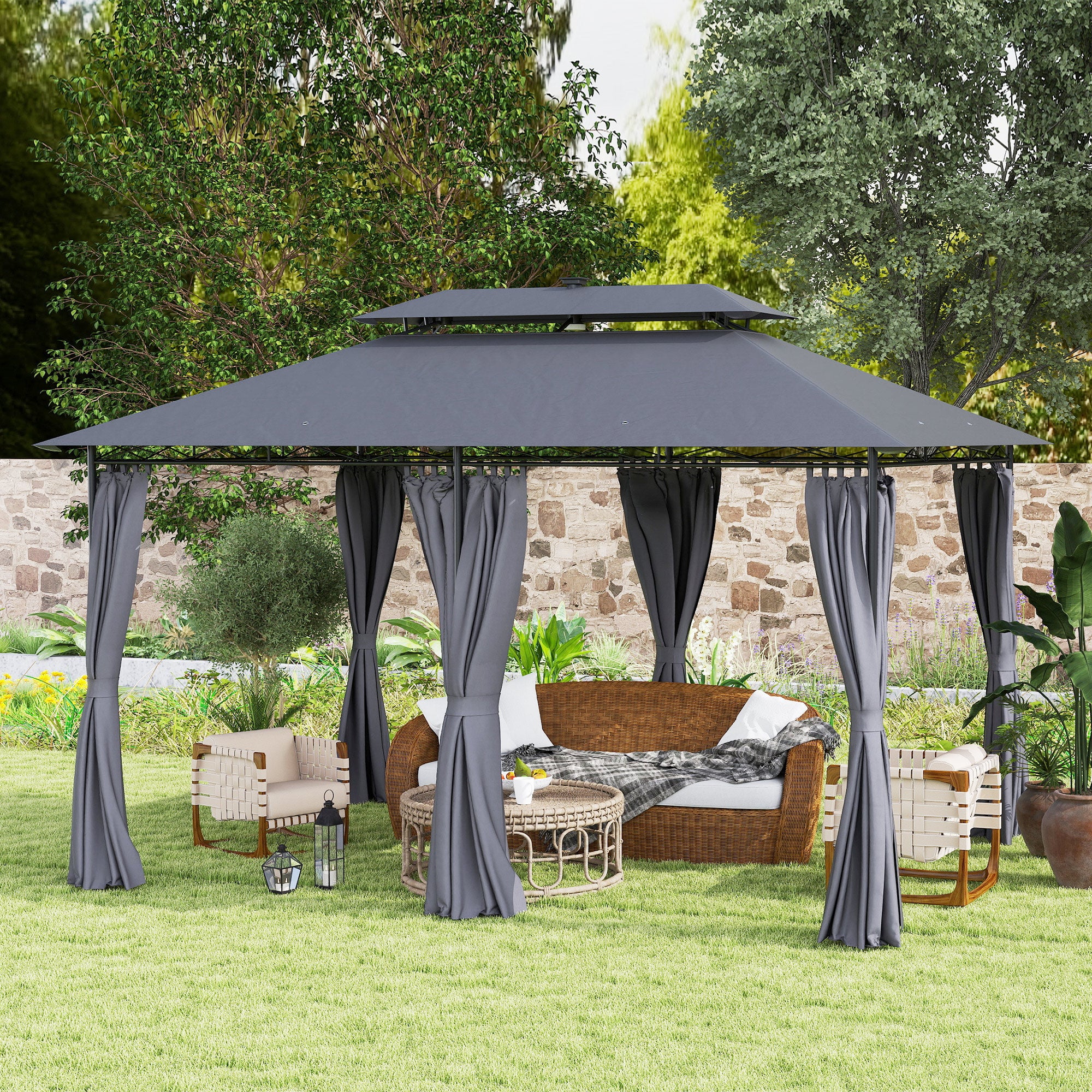 10' x 13' Outdoor Gazebo with Curtains and Solar-Powered LED Lights, Double Roof Patio Gazebo Canopy Shelter Gazebos at Gallery Canada
