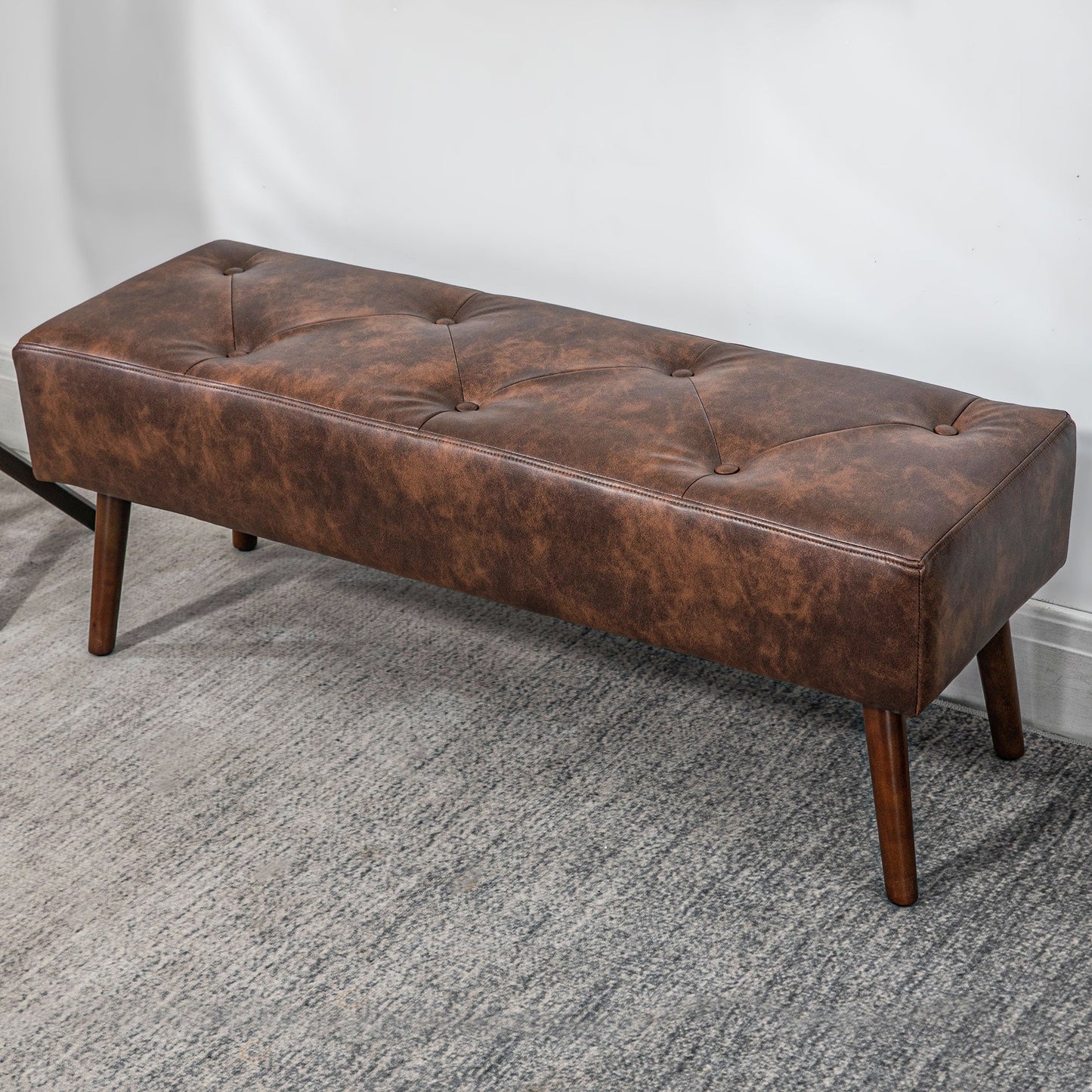 Bedroom Bench, End of Bed Bench with Button Tufted Design, PU Leather Upholstered Entryway Bench with Wood Legs, Brown Storage Ottomans & Benches   at Gallery Canada