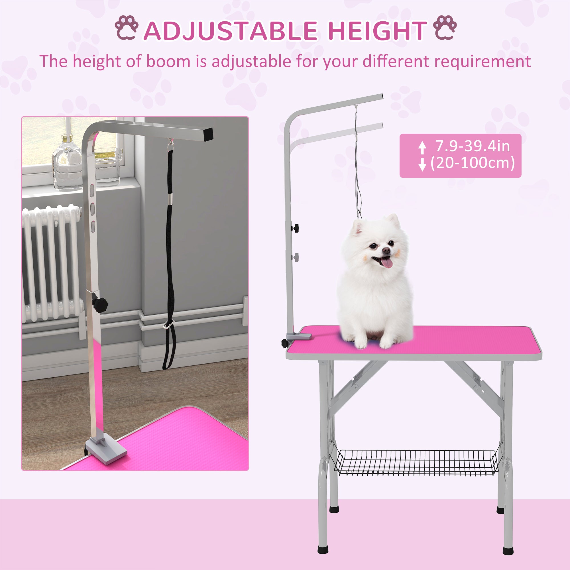 Foldable Grooming Table for Dogs with Height Adjustable Grooming Arm, Storage Shelf, Pink Dog Grooming Tables at Gallery Canada