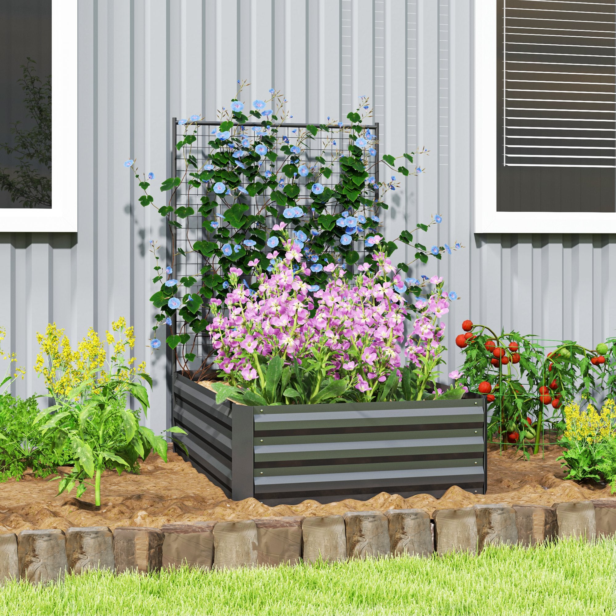 Galvanized Raised Garden Bed with Trellis for Climbing Plants, Outdoor Planter Box with Open Bottom, Dark Grey Raised Garden Beds at Gallery Canada