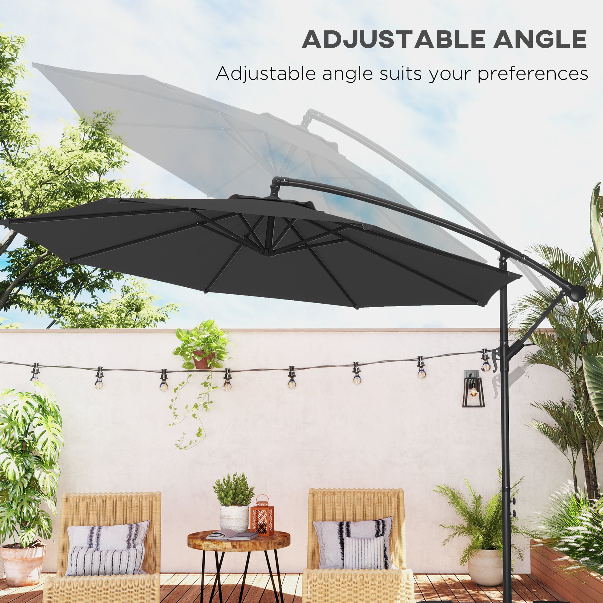 9.7ft Offset Patio Umbrella Garden Hanging Parasol Banana Cantilever Umbrella with Base, Crank, Black Offset Cantilever Umbrellas at Gallery Canada
