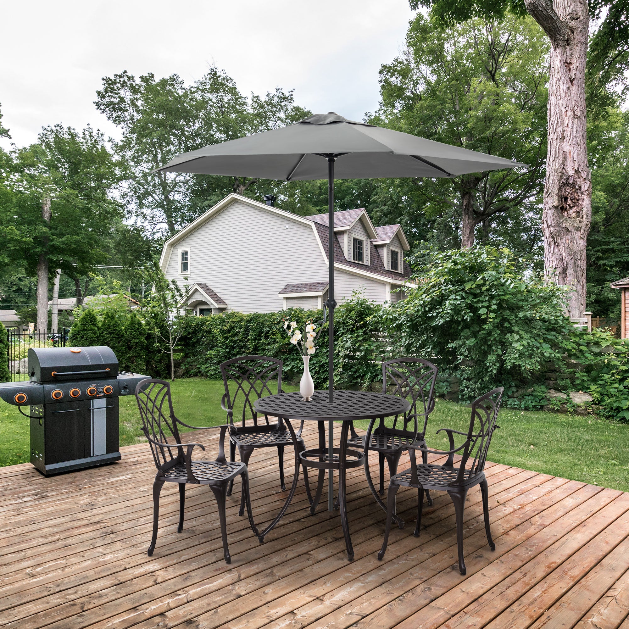 5 Pieces Outdoor Dining Set, Cast Aluminium Patio Table and Chairs with Parasol Hole, Patio Dining Set for 4, Brown Outdoor Dining Sets at Gallery Canada