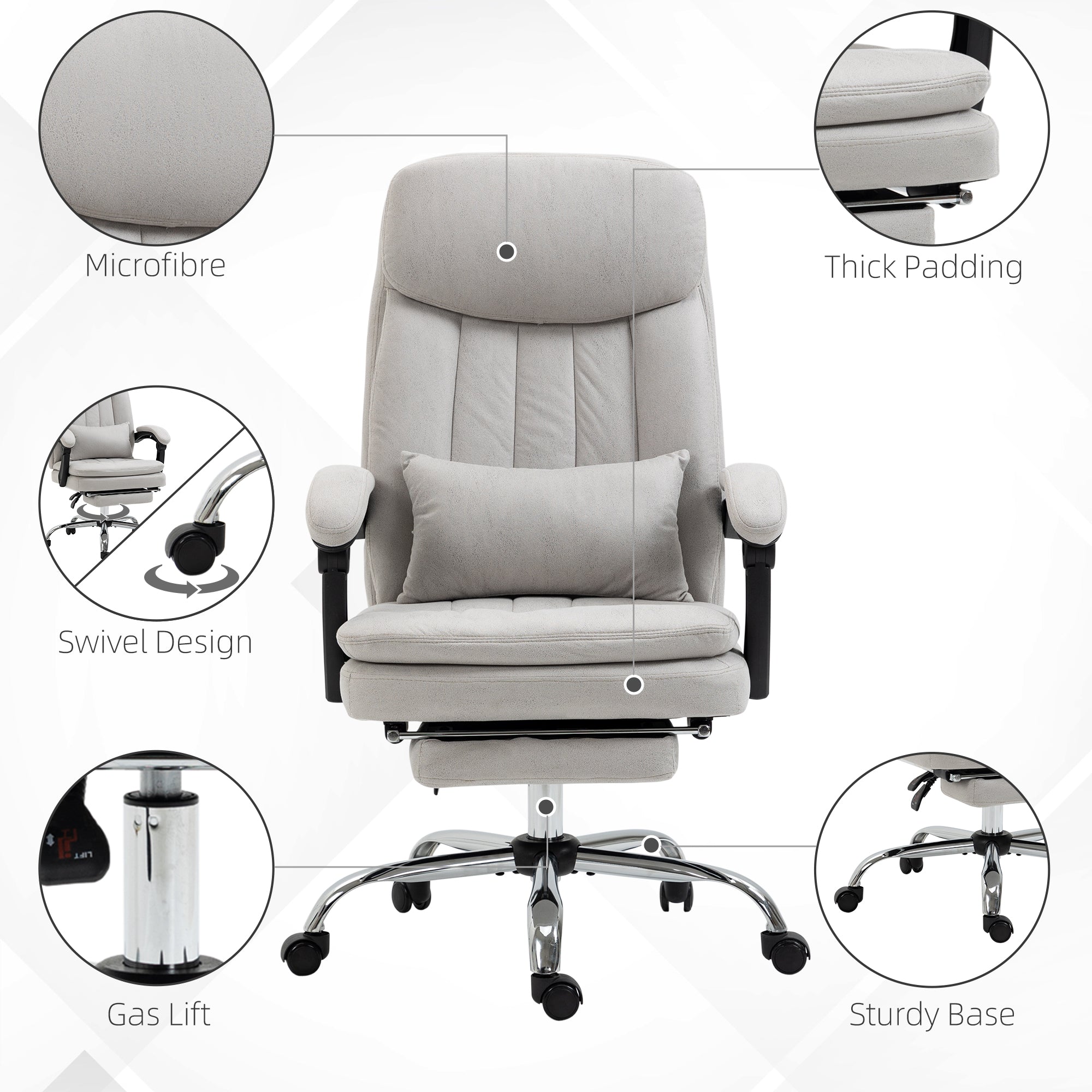 High Back Office Chair, Microfibre Computer Desk Chair with Lumbar Support Pillow, Foot Rest, Reclining Back, Arm, Light Grey Executive & Manager Chairs   at Gallery Canada