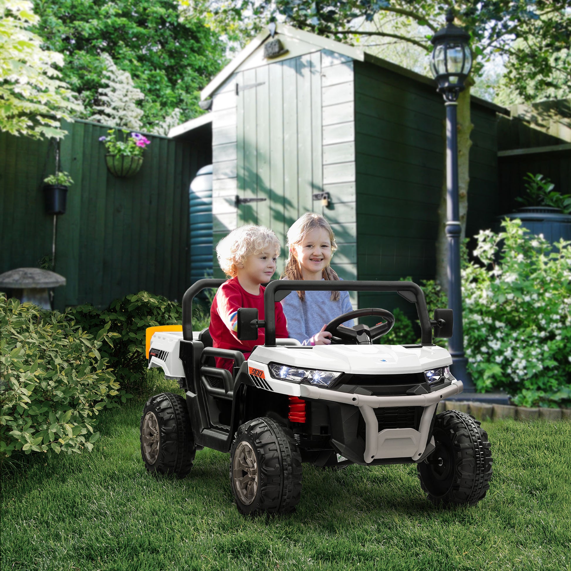 12V Ride on Car with Electric Bucket, Two-Seater, Shovel, Remote Control, Spring Suspension, Horn, Music, White Electric Toy Cars   at Gallery Canada