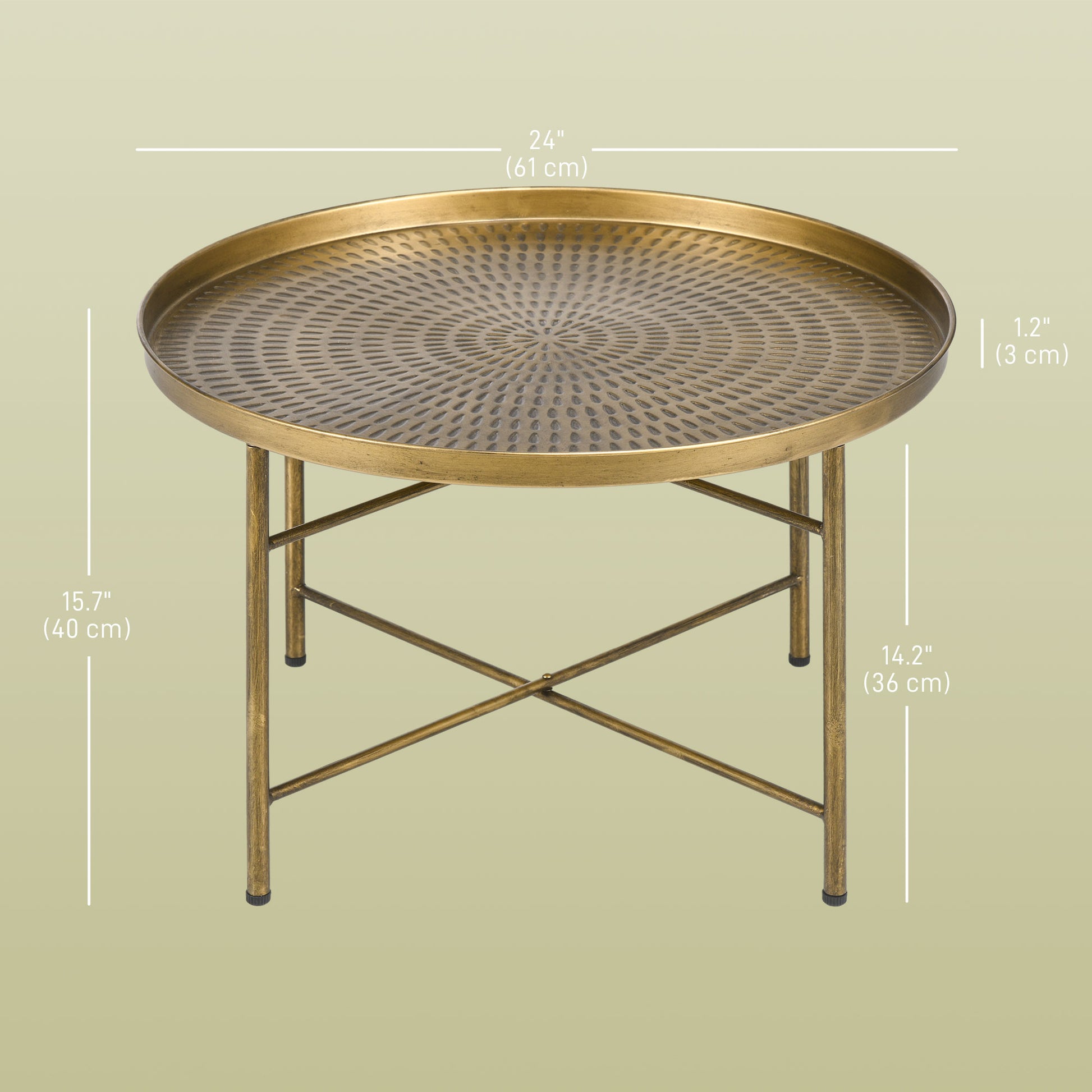 Vintage Coffee Table for Living Room, 24" Round Center Table with Hammered Tray Top and Metal Frame, Gold Coffee Tables   at Gallery Canada