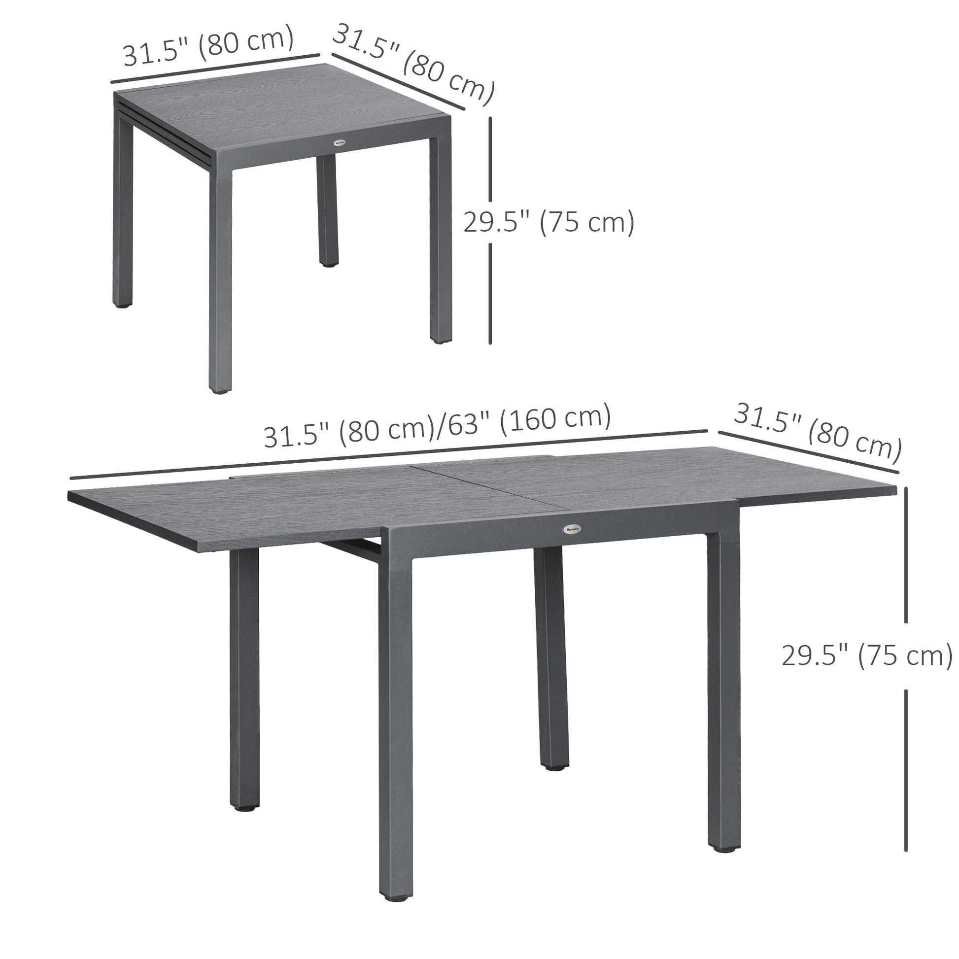 31.5"-63" Extendable Outdoor Dining Table for 4-6 with Aluminium Frame, Steel Tabletop Dark Grey Patio Dinning Tables Dark Grey with Wood Grain  at Gallery Canada