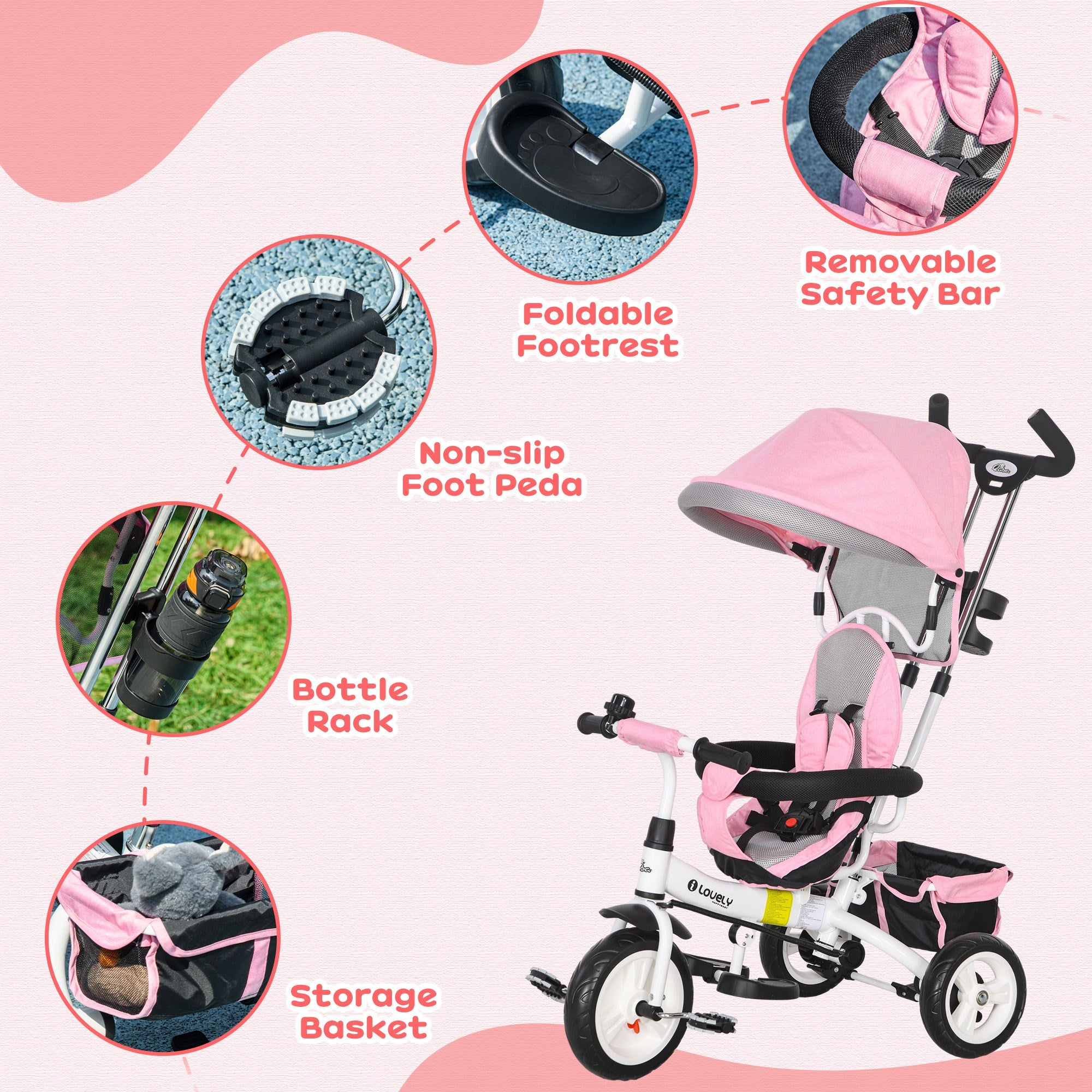 4 in 1 Toddler Tricycle Stroller with Basket, Canopy, 5-point Safety Harness, for 12-60 Months, Pink Tricycles for Kids   at Gallery Canada