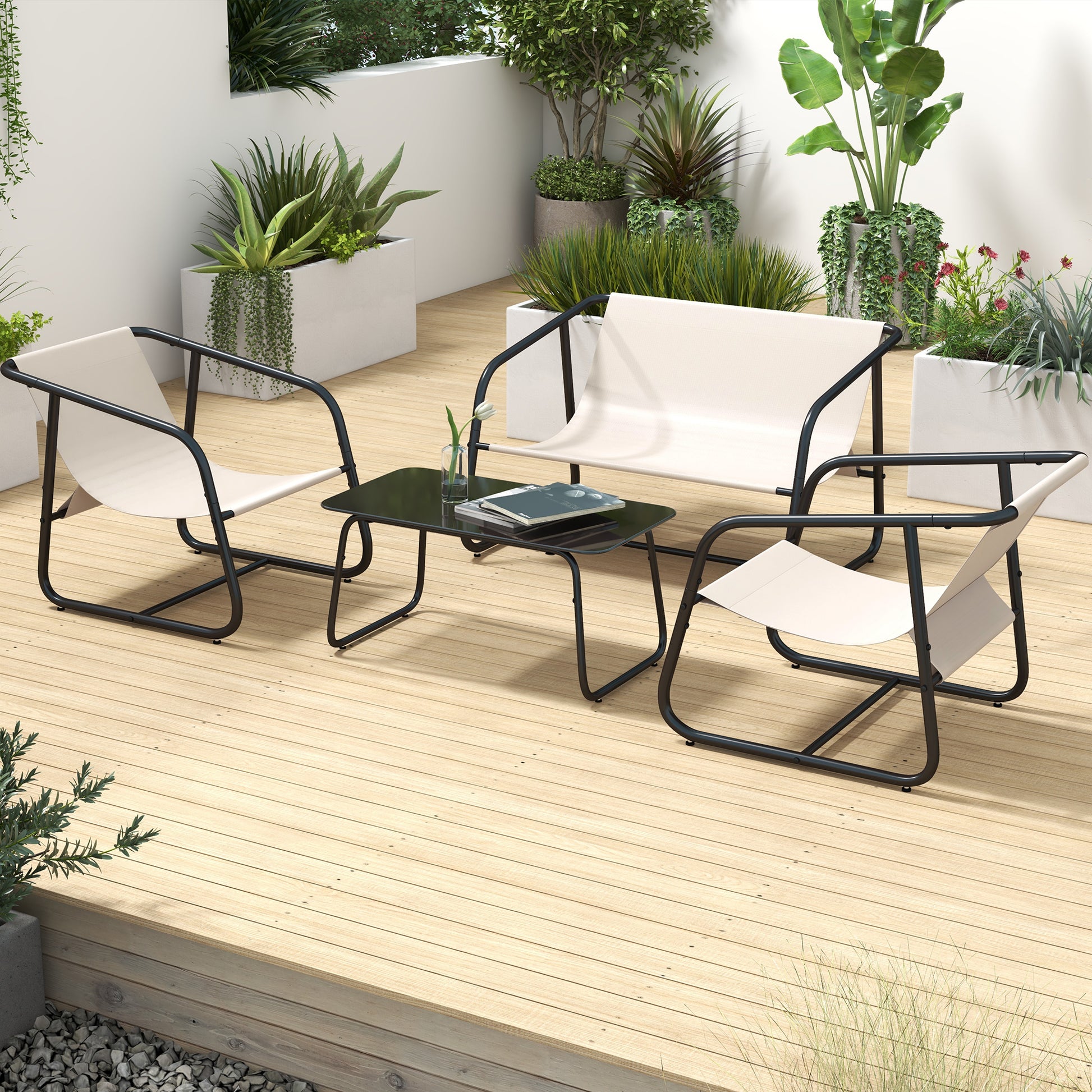 Garden Sofa Set, 4 Piece Patio Conversation Furniture Set with Glass Table, Breathable Mesh, Cream White Patio Furniture Sets Multi Colour  at Gallery Canada