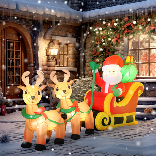 8ft Christmas Inflatables Santa Claus with Sleigh and Reindeer, Outdoor Decoration with LED Lights Display
