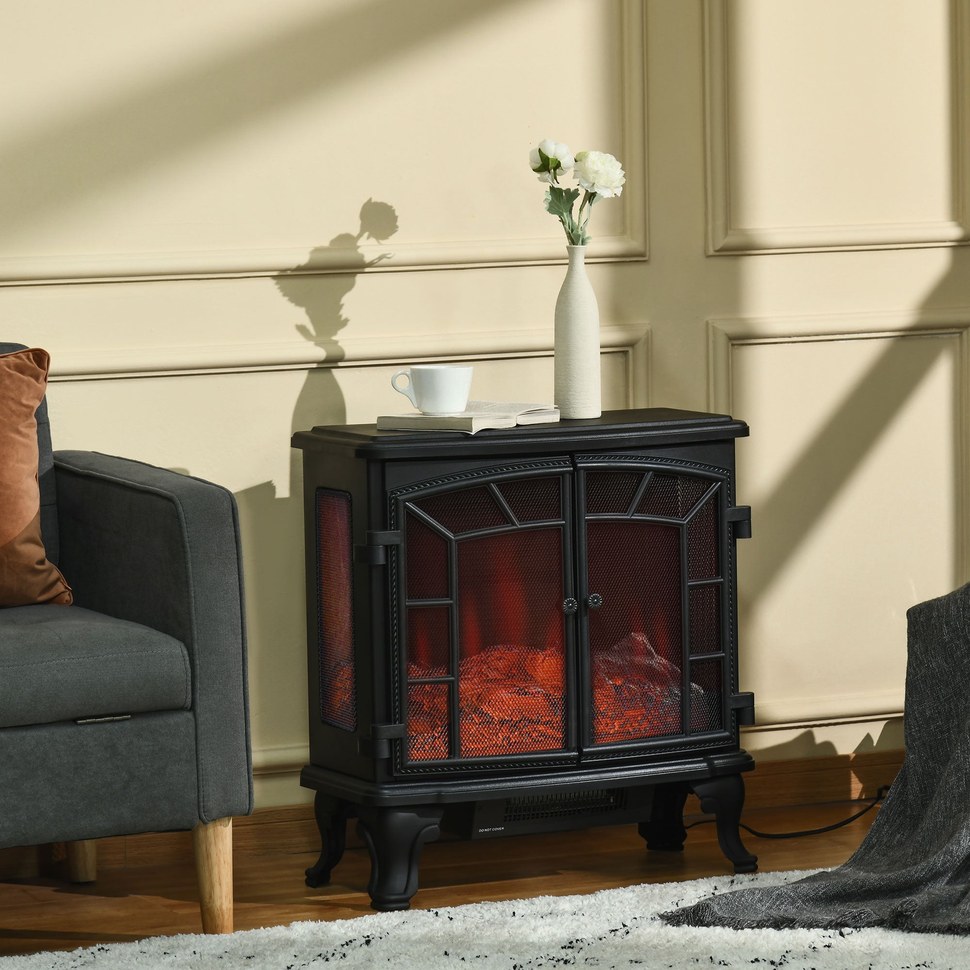 Electric Fireplace Heater, Freestanding Fireplace Stove with Realistic Flame Effect, Timer, Overheating Protection, 750W/1500W, Black Electric Fireplaces   at Gallery Canada