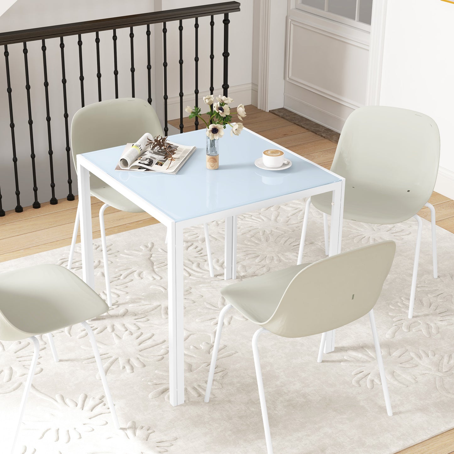 Square Kitchen Table for 2-4 People, Dining Table with Glass Top and Steel Legs for Dining Room, White Dining Tables   at Gallery Canada