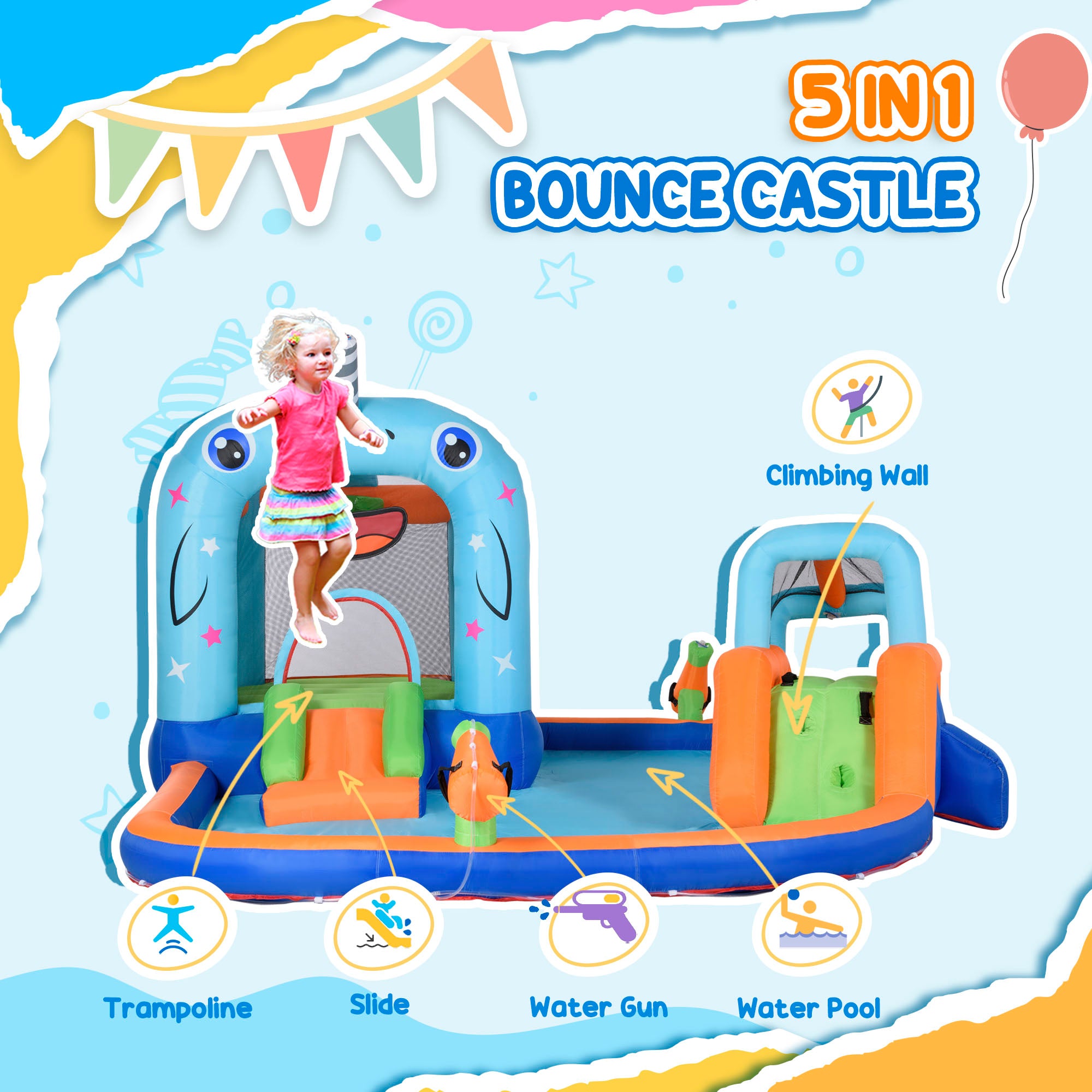 5-in-1 Inflatable Water Slide, Narwhals Style Kids Castle Bounce House Includes with Slide Trampoline Pool Water Gun Climbing Wall, Carry Bag, 450W Air Blower Inflatables at Gallery Canada