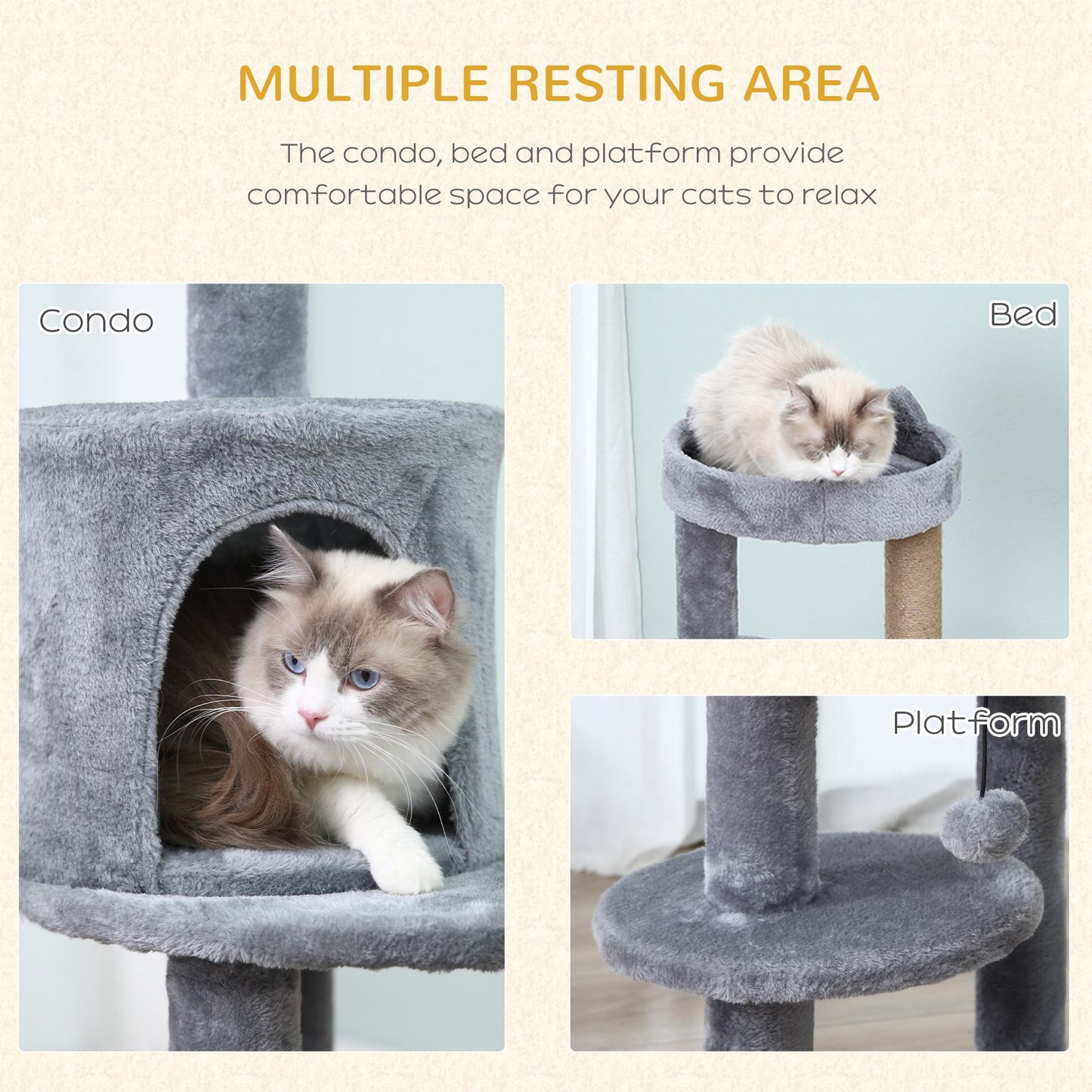 41" Cat Tree Tower with Condo, Scratching Posts and Hanging Ball, Grey Cat Towers   at Gallery Canada