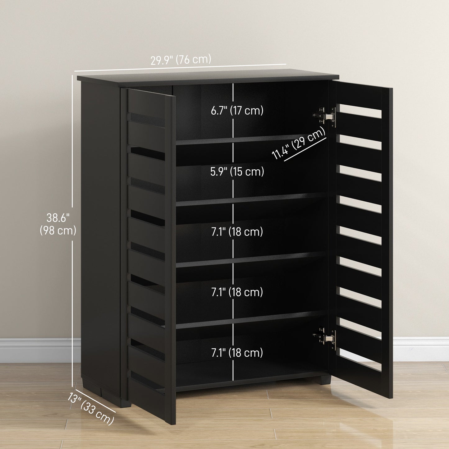 Shoe Storage Cabinet, Shoe Cabinet with 2 Slatted Doors for 15 Pairs of Shoes, Black Shoe Storage Cabinets & Racks   at Gallery Canada