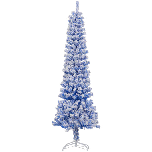 7.5ft Flocked Christmas Tree, Pencil Christmas Tree with Realistic Branch Tips, Folding Metal Stand, Blue Pencil Christmas Trees   at Gallery Canada