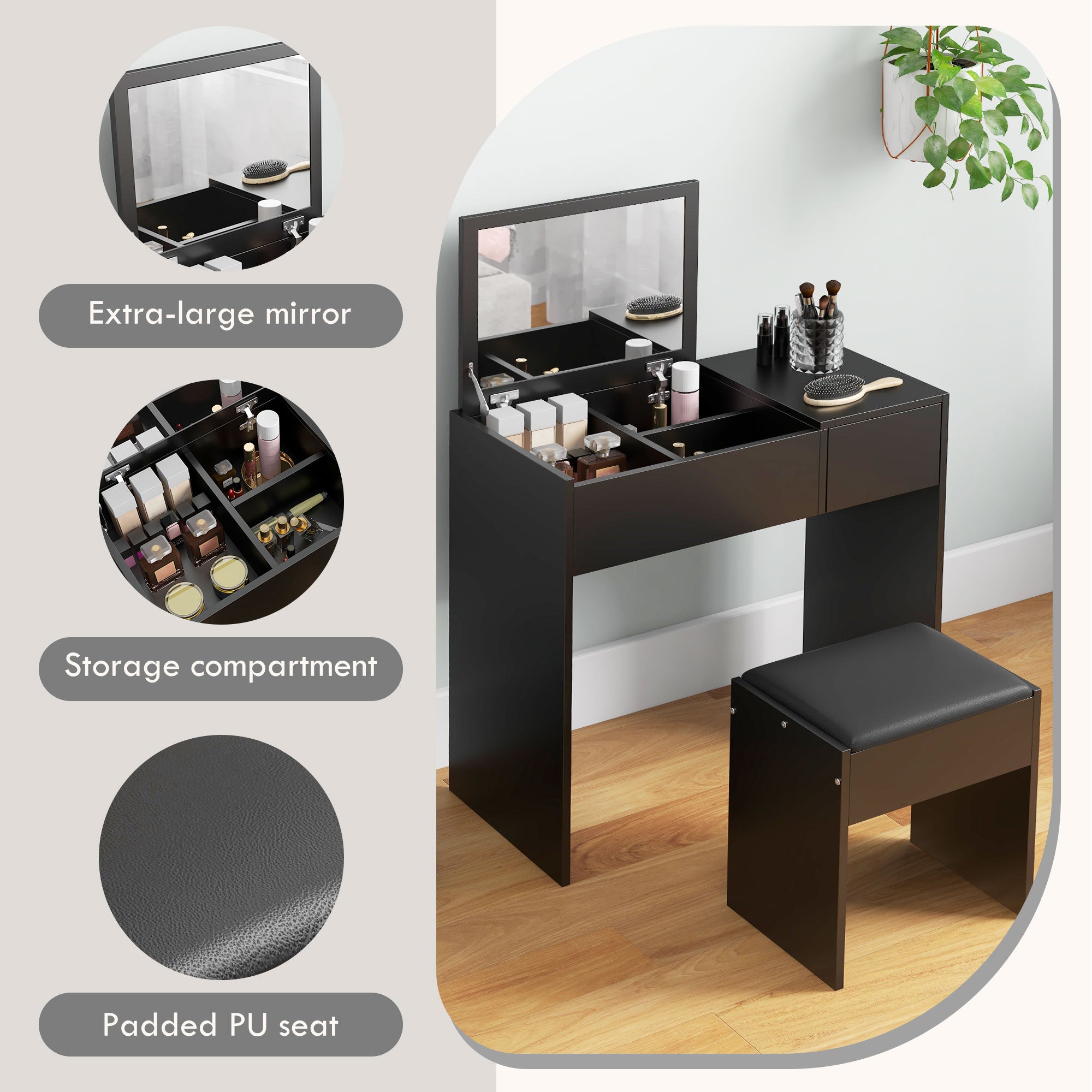 Modern Vanity Set with Flip Top Mirror and Cushioned Stool, Dressing Table with Storage Drawer for Bedroom, Black Dressing & Vanity Tables   at Gallery Canada