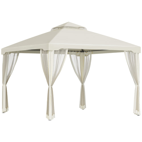 10' x 10' Patio Gazebo Outdoor Pavilion 2 Tire Roof Canopy Shelter Garden Event Party Tent Yard Sun Shade Steel Frame w/ Mosquito Netting Cream White
