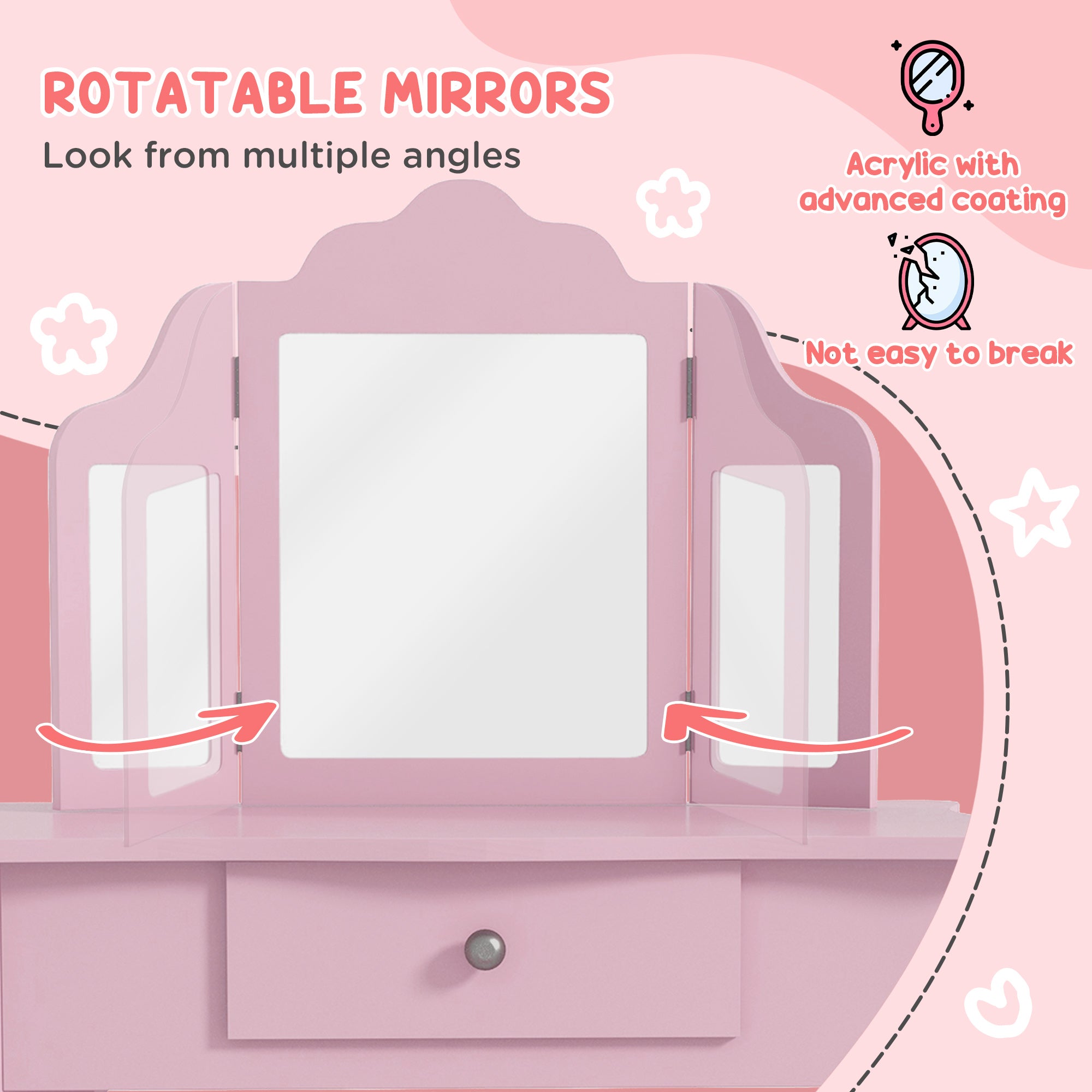 Kids Vanity Table and Stool, Makeup Vanity Girls Dressing Table Set with Tri-folding Mirrors Drawer Star and Heart Pattern, Pink Kids Bedroom Furniture at Gallery Canada