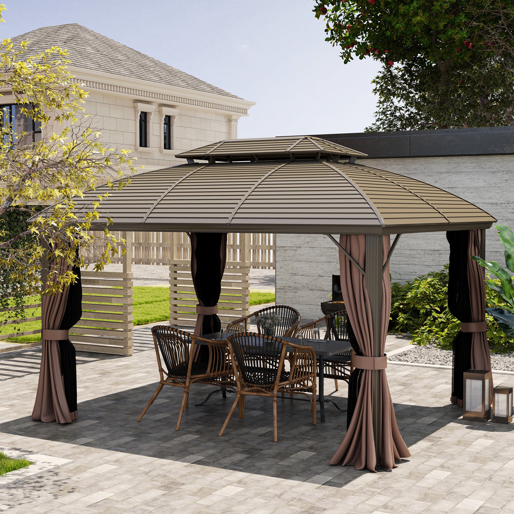10' x 12' Hardtop Gazebo Canopy with Double Roof, Netting and Curtains for Garden, Backyard, Deck, Coffee Gazebos at Gallery Canada