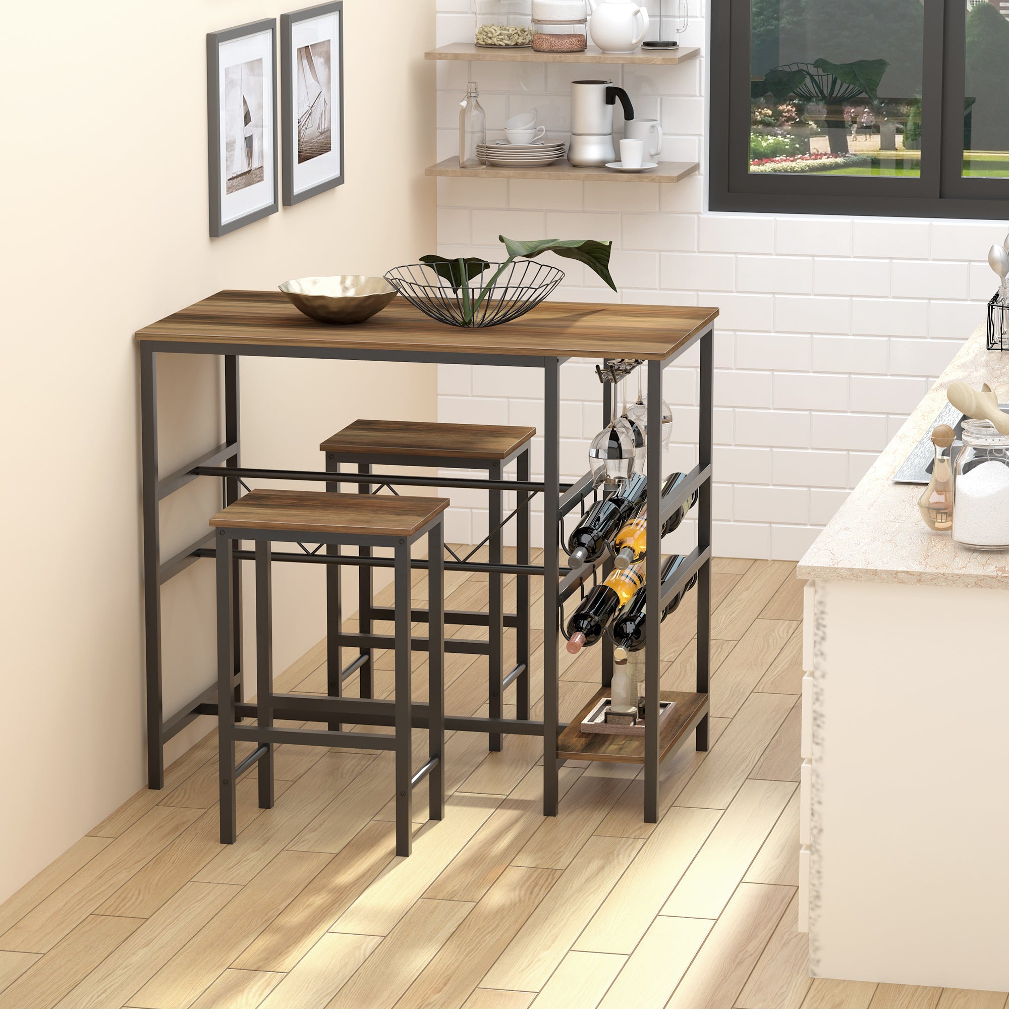 3 Pieces Bar Table Set, Counter Height Table with 8-bottle Wine Rack and Cup Holder, 2 Stools with Metal Frame for Kitchen, Dining Room, Living Room, Pub Bar Sets at Gallery Canada
