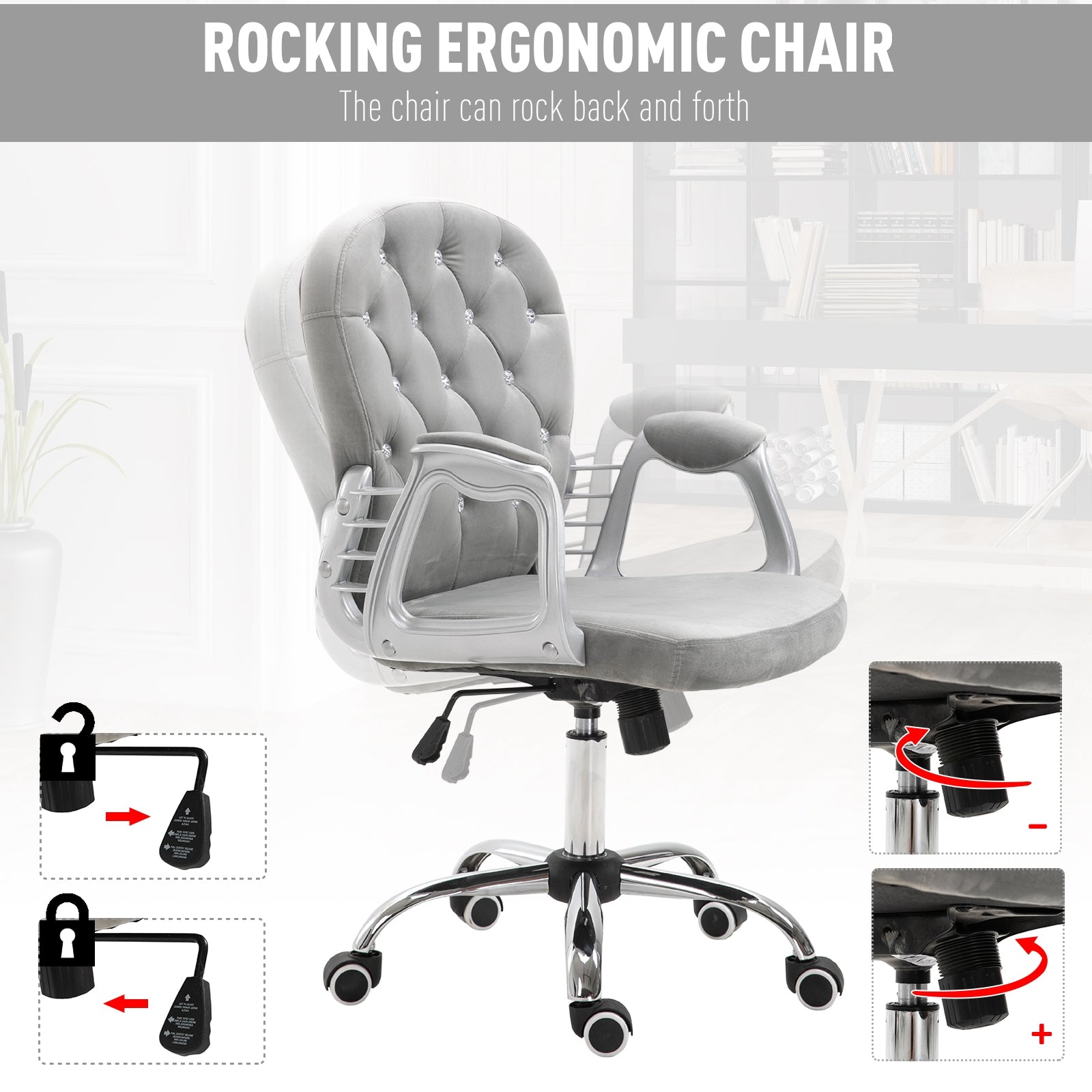 Velvet Vanity Office Chair, Button Tufted Swivel Chair with Adjustable Height, Padded Armrests and Tilt Function, Grey Task Chairs at Gallery Canada