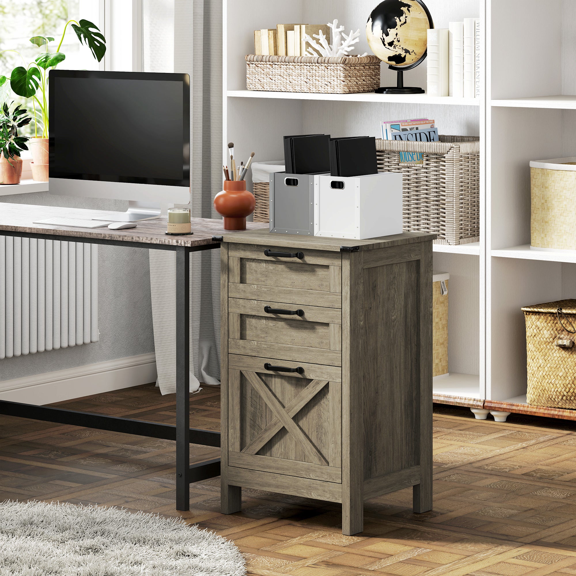 Vertical Filing Cabinet with 3 Drawers, Rustic Farmhouse Office Storage Cabinet for A4, Letter Size, Grey Wash Office Cabinets & Cupboards at Gallery Canada