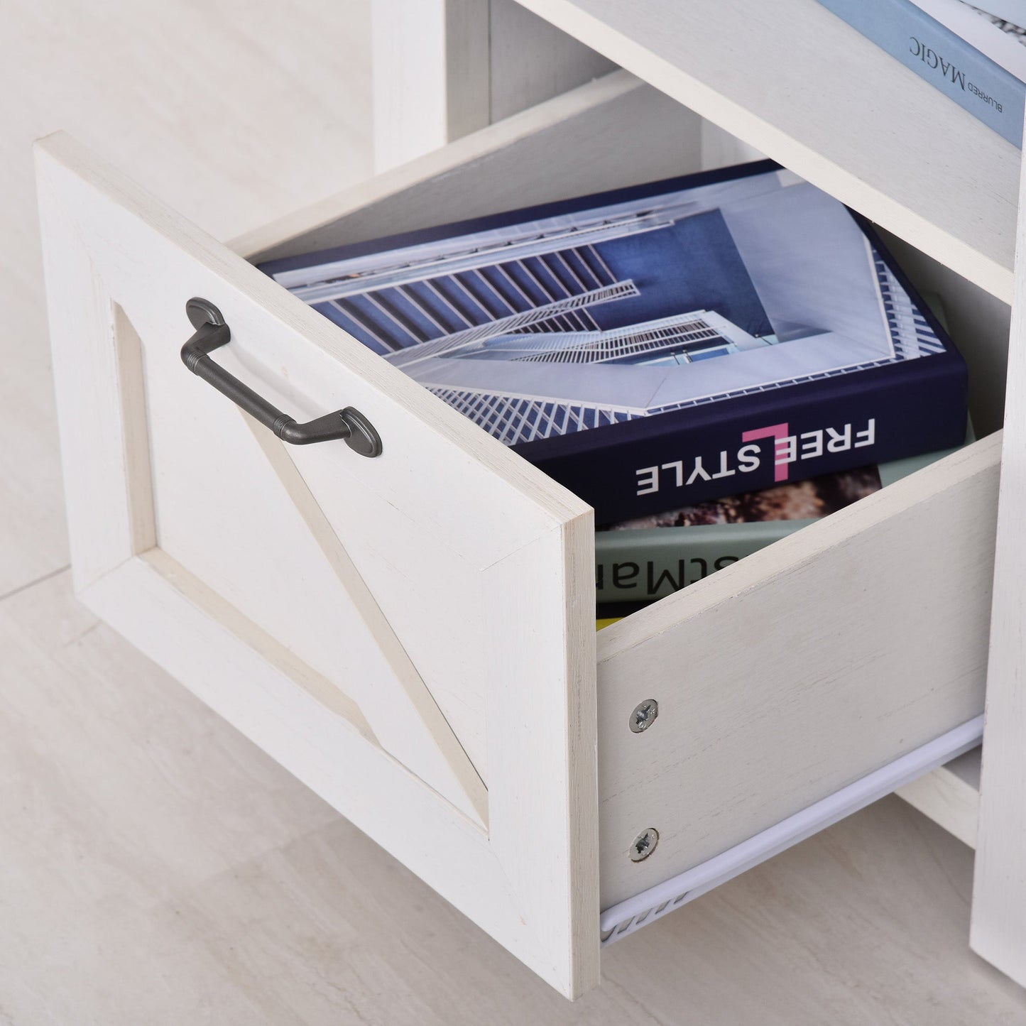 Side Table with Storage, Farmhouse End Table with Drawer, Open Shelf and Barn-style Panel, Accent Table for Living Room, Bedroom, White Side Tables   at Gallery Canada