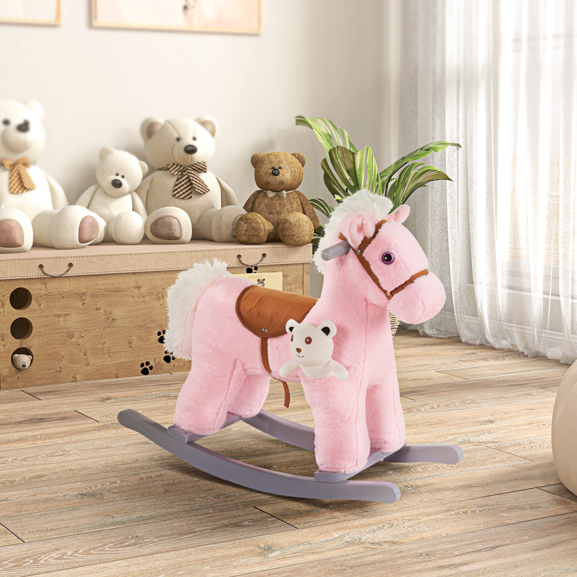 Kids Plush Ride-On Rocking Horse with Bear Toy, Children Chair with Soft Plush Toy &; Fun Realistic Sounds, Pink Rocking Horses at Gallery Canada
