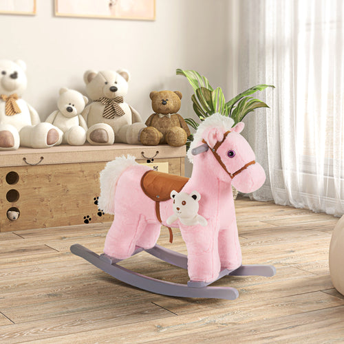 Kids Plush Ride-On Rocking Horse with Bear Toy, Children Chair with Soft Plush Toy &; Fun Realistic Sounds, Pink