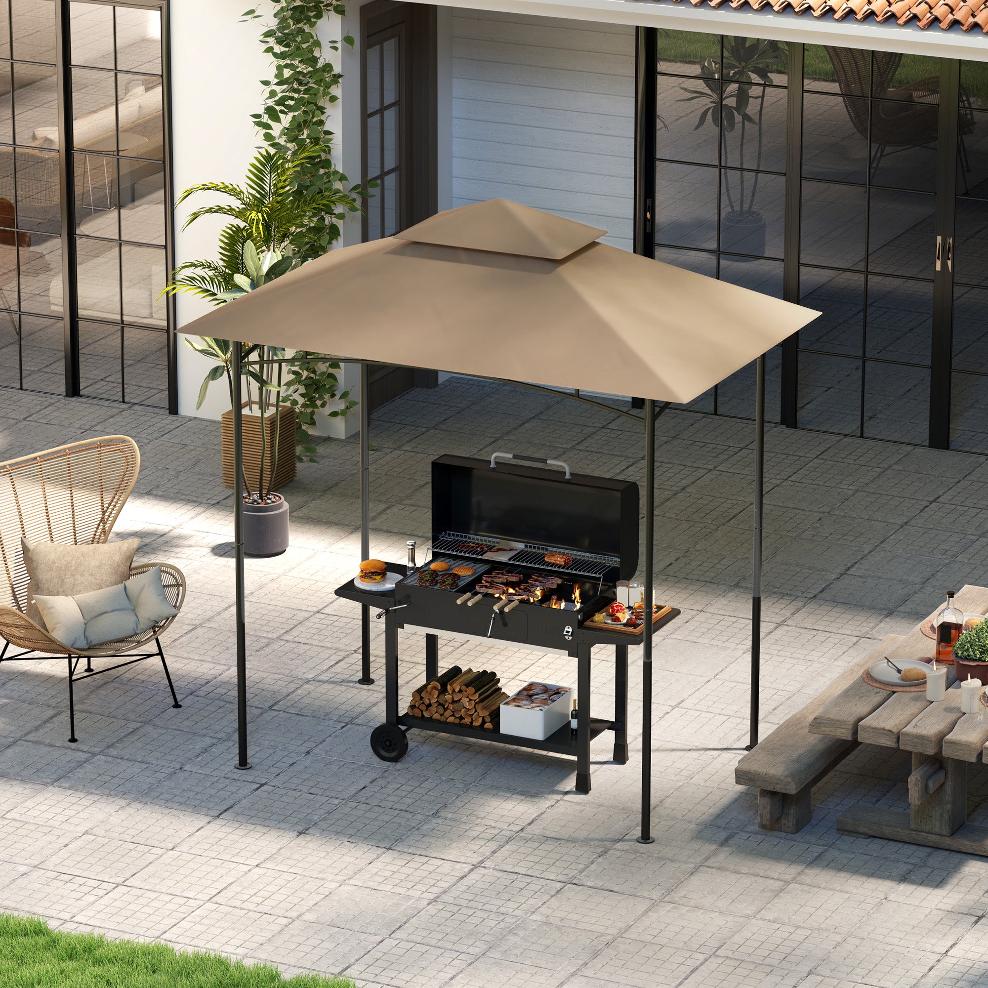 BBQ Gazebo Canopy Replacement Roof, 5' x 8' Grill Gazebo Roof with UPF50+ Double Tiered Top Cover, Khaki Gazebo Canopy Replacement at Gallery Canada