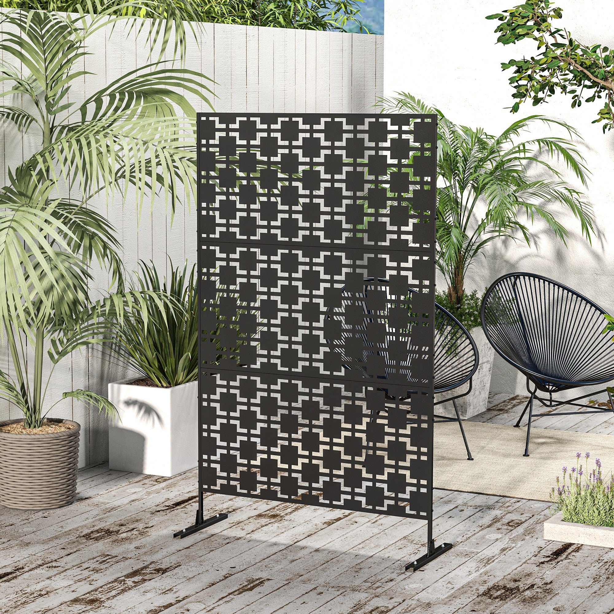 6.5FT Decorative Outdoor Divider, Metal Privacy Screen with Stand, Grid Style, Black Side Awnings at Gallery Canada