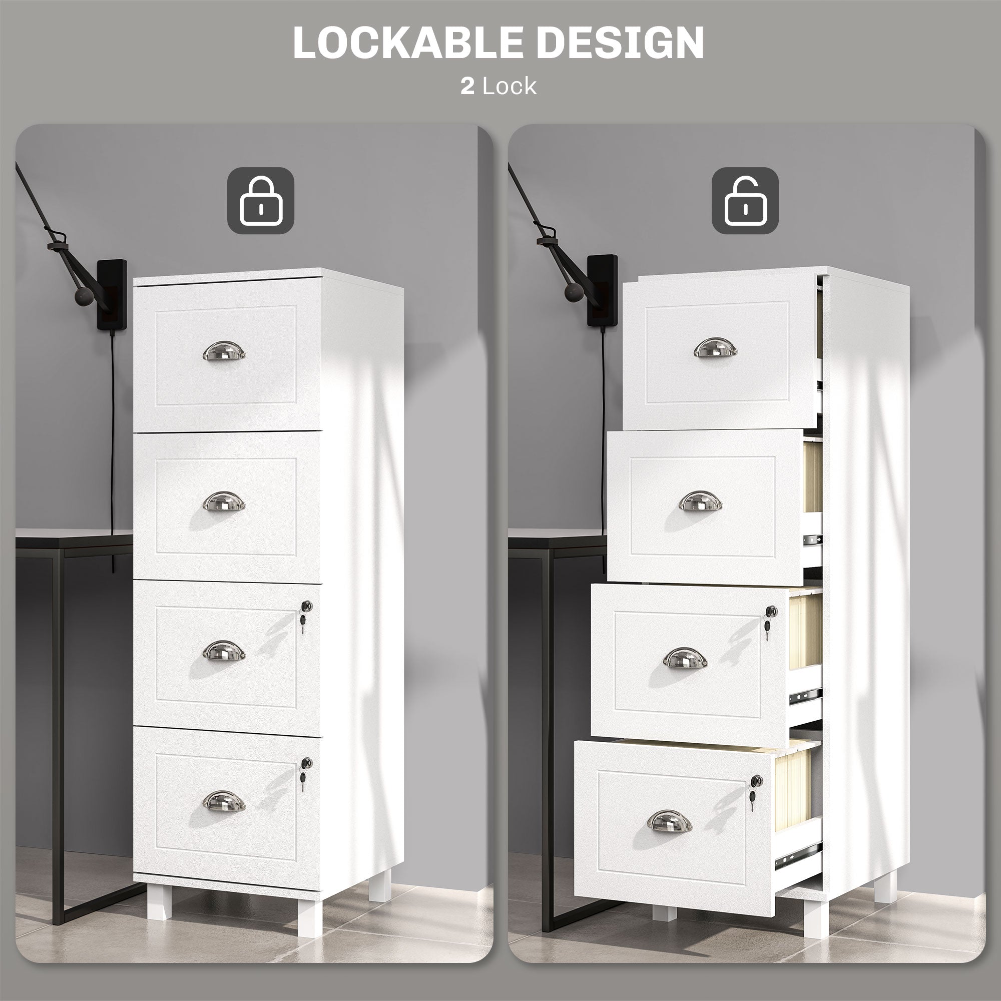 4 Drawer File Cabinet with Lock, Office Filing Cabinet, A4 Letter Size, Hanging File Folders, White Office Cabinets & Cupboards at Gallery Canada