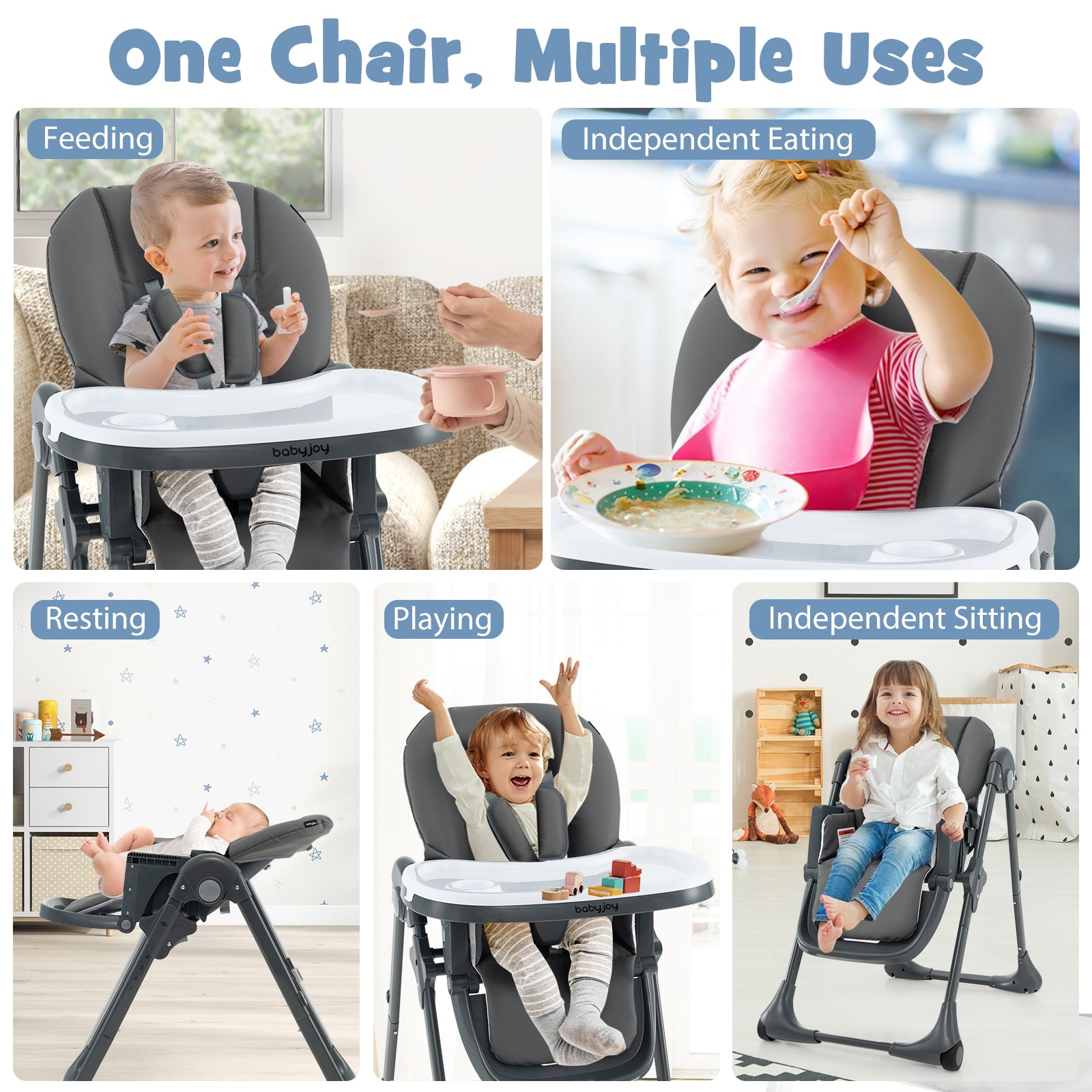 3-In-1 Convertible Baby High Chair with 7 Heights and Double Food Tray, Dark Gray High Chairs   at Gallery Canada