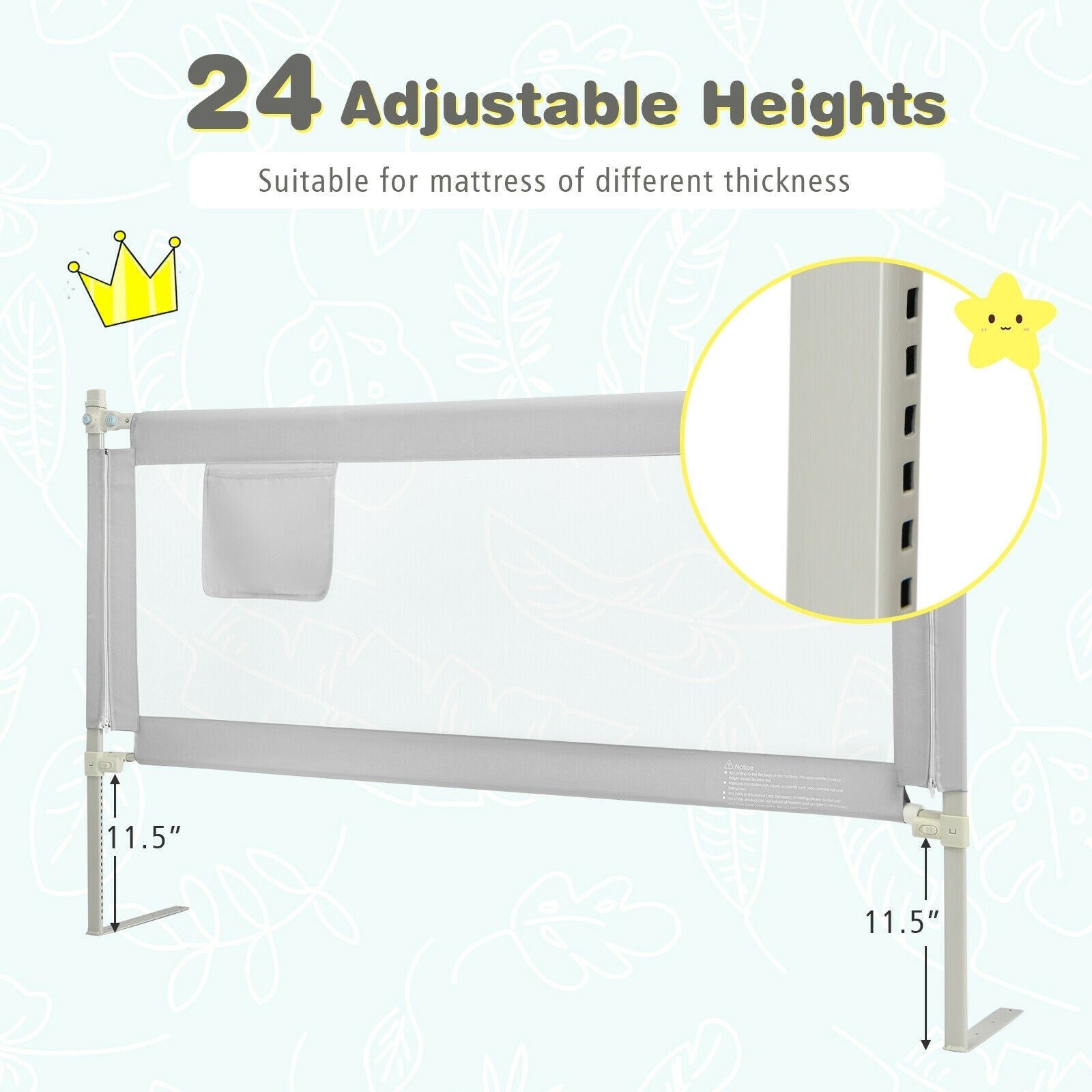 69.5 Inches Toddler Bedrail with Anti-Collision Cotton and Side Pocket, Gray Bed Rails   at Gallery Canada