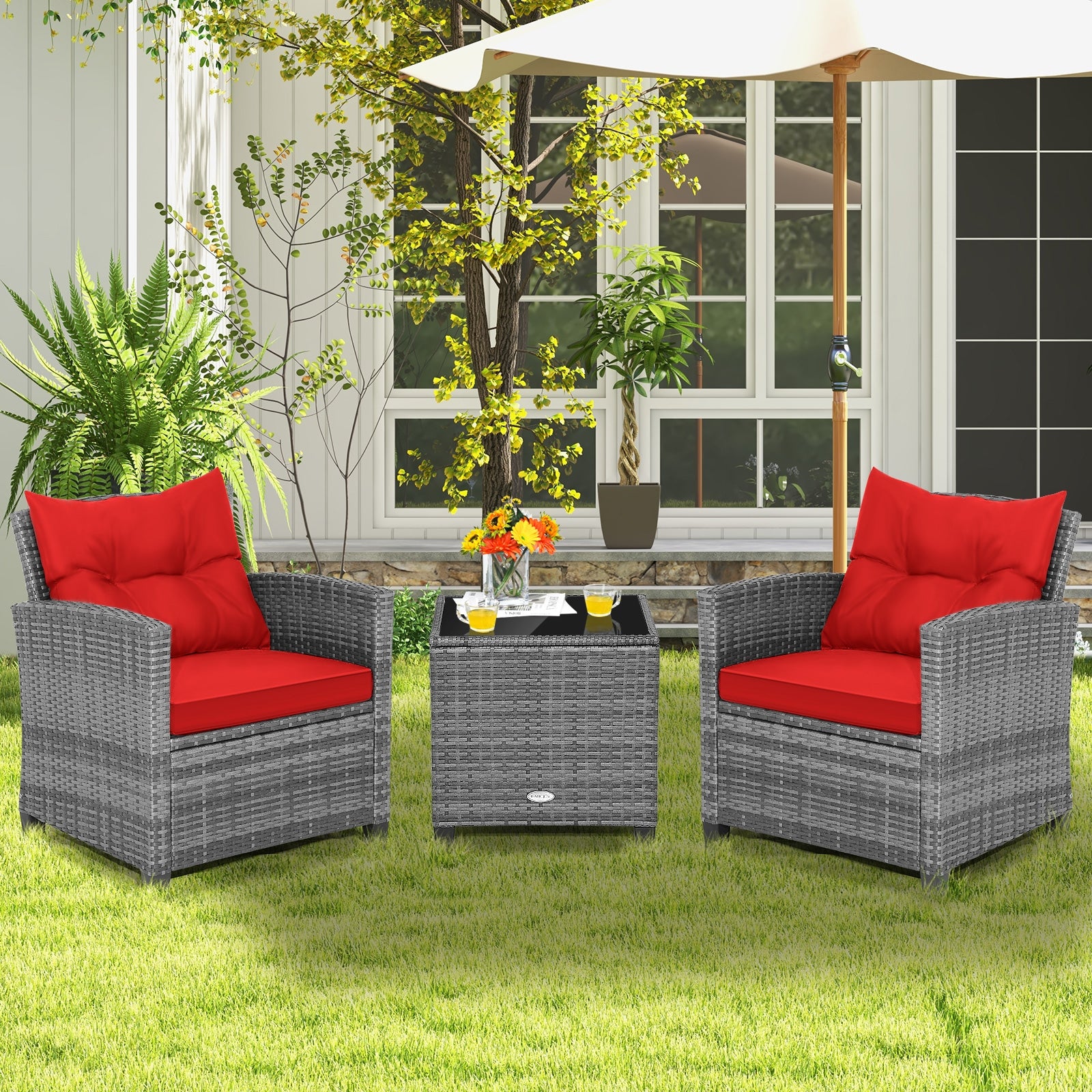 3 Pieces Outdoor Wicker Conversation Set with Tempered Glass Tabletop, Red Patio Conversation Sets   at Gallery Canada