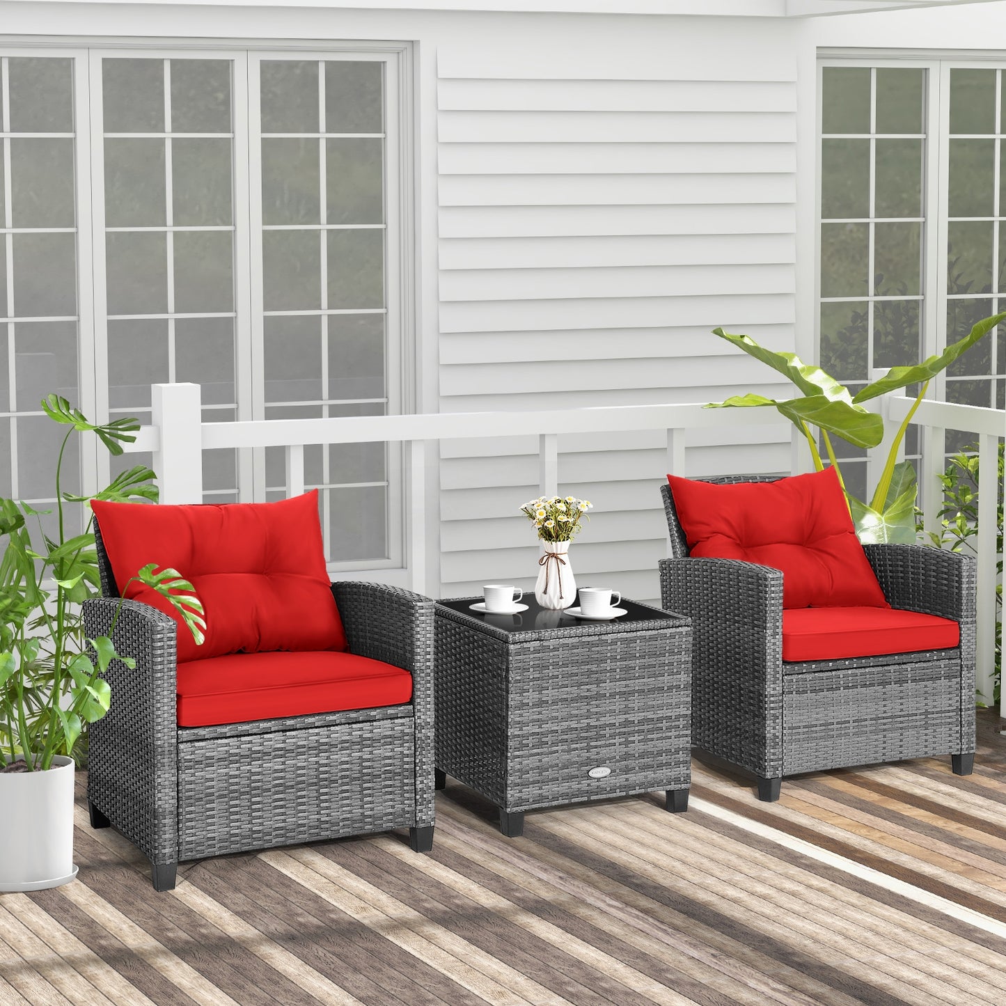 3 Pieces Outdoor Wicker Conversation Set with Tempered Glass Tabletop, Red Patio Conversation Sets   at Gallery Canada