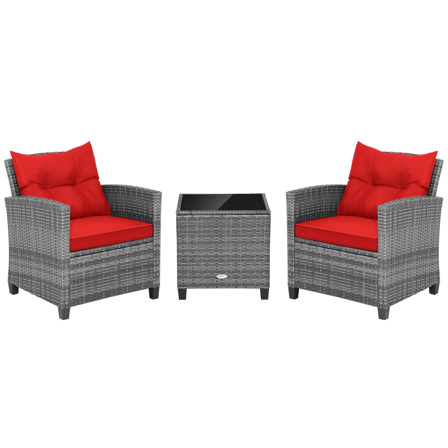 3 Pieces Outdoor Wicker Conversation Set with Tempered Glass Tabletop, Red Patio Conversation Sets Red  at Gallery Canada