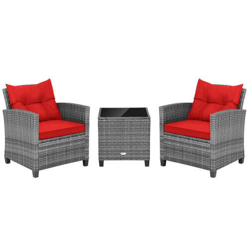 3 Pieces Outdoor Wicker Conversation Set with Tempered Glass Tabletop, Red