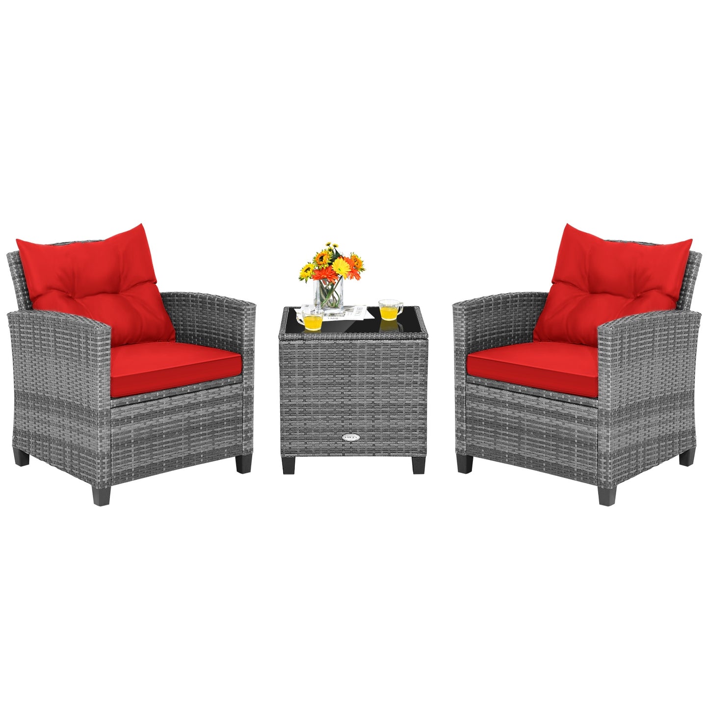 3 Pieces Outdoor Wicker Conversation Set with Tempered Glass Tabletop, Red Patio Conversation Sets   at Gallery Canada