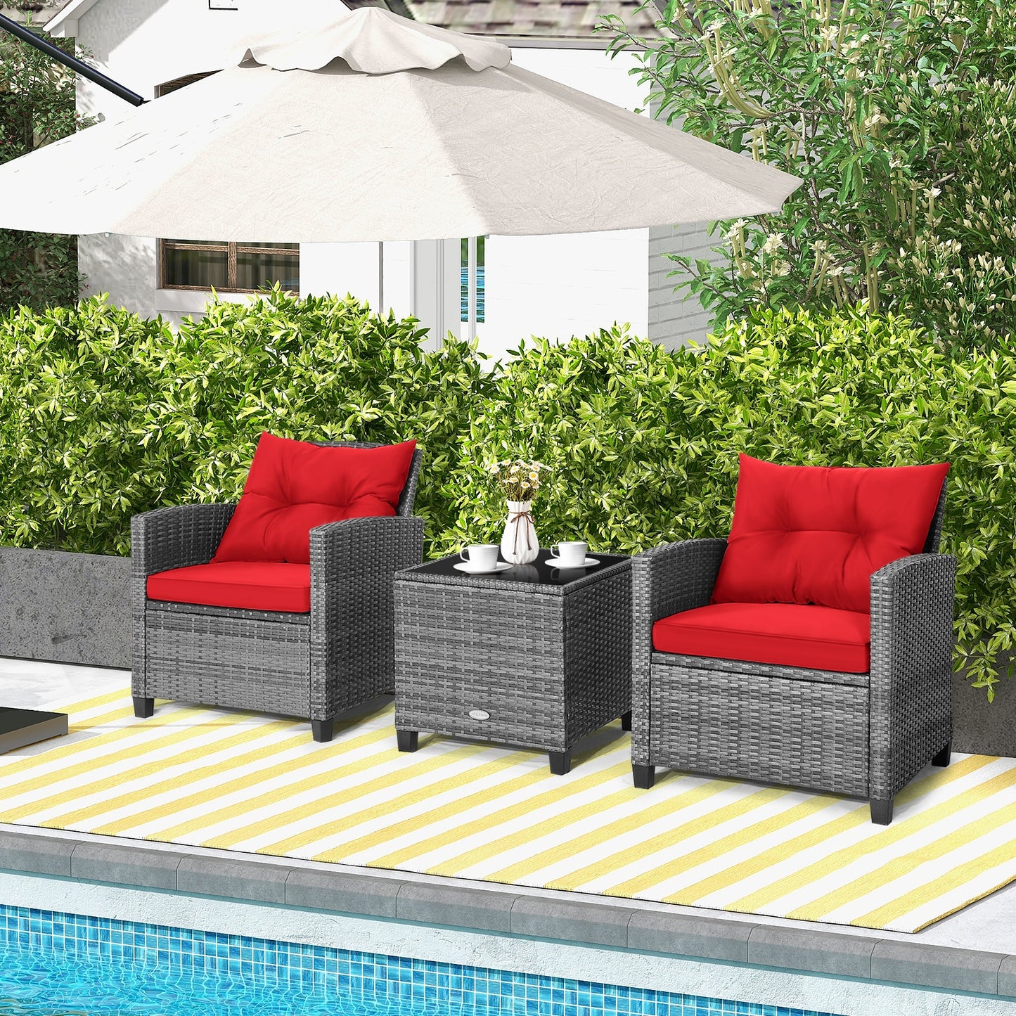 3 Pieces Outdoor Wicker Conversation Set with Tempered Glass Tabletop, Red Patio Conversation Sets   at Gallery Canada