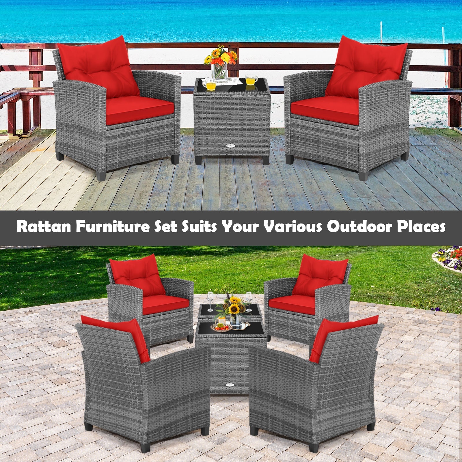 3 Pieces Outdoor Wicker Conversation Set with Tempered Glass Tabletop, Red Patio Conversation Sets   at Gallery Canada