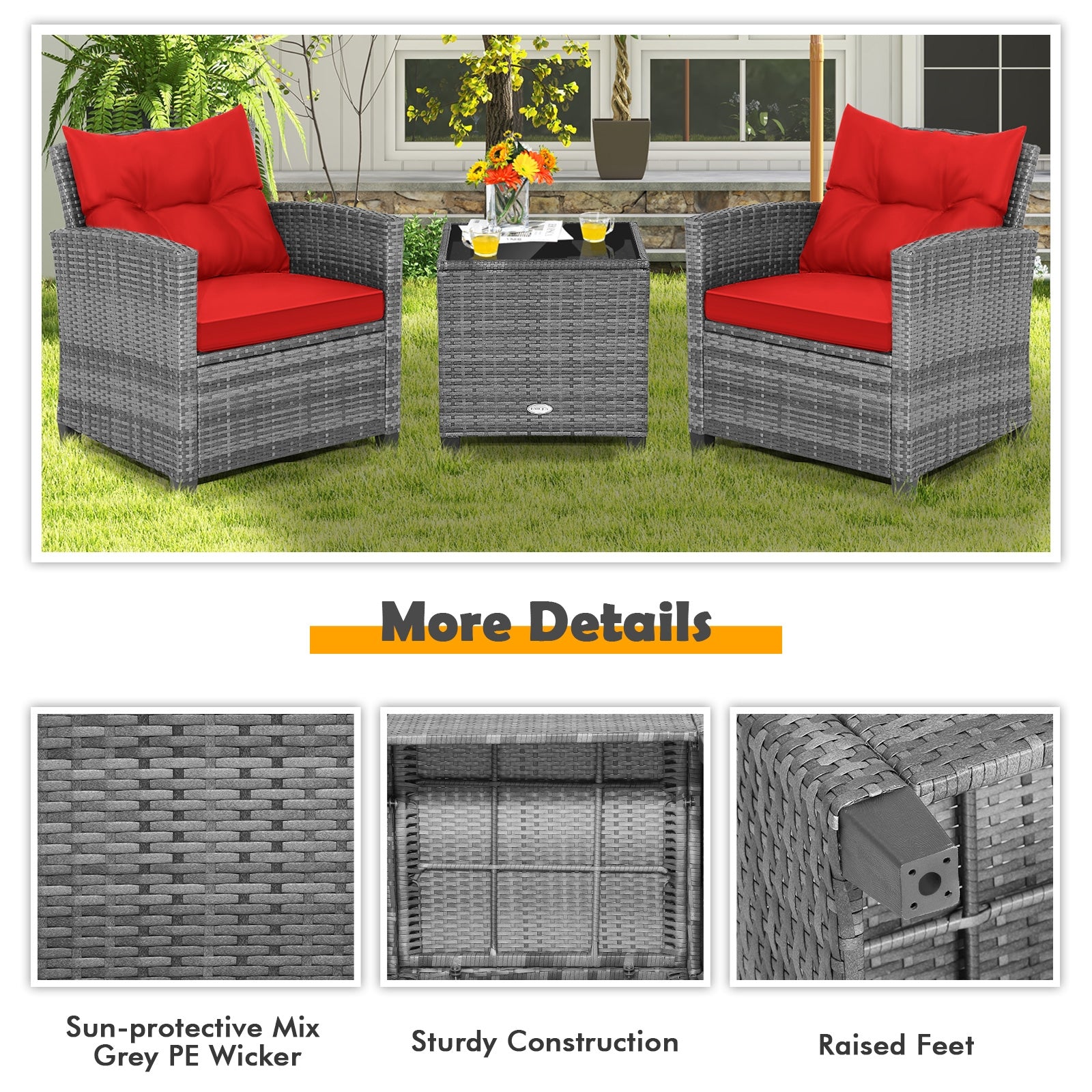 3 Pieces Outdoor Wicker Conversation Set with Tempered Glass Tabletop, Red Patio Conversation Sets   at Gallery Canada