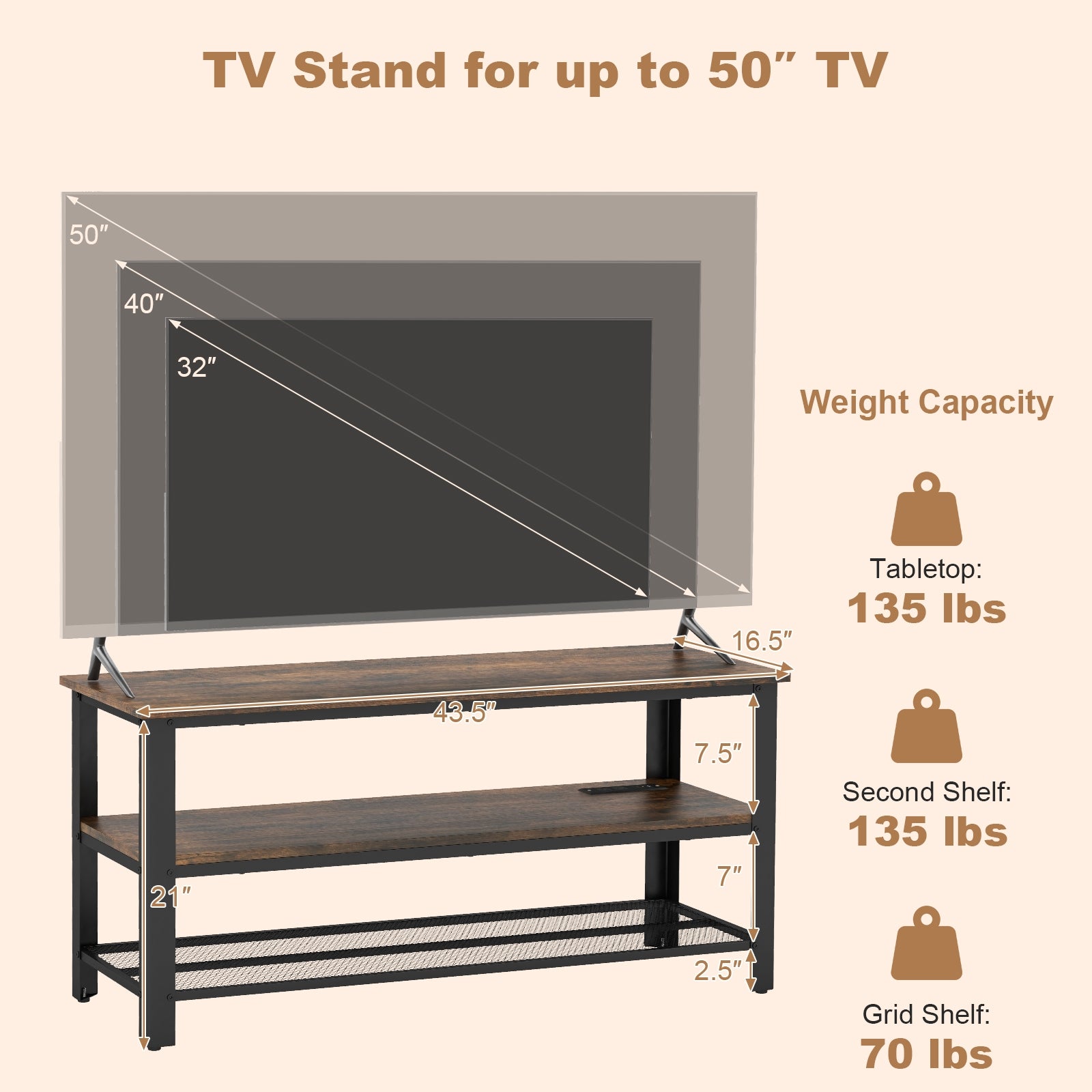 Industrial TV Stand up to 50 Inches with Power Outlets and USB Ports, Rustic Brown Entertainment Centers & TV Stands   at Gallery Canada