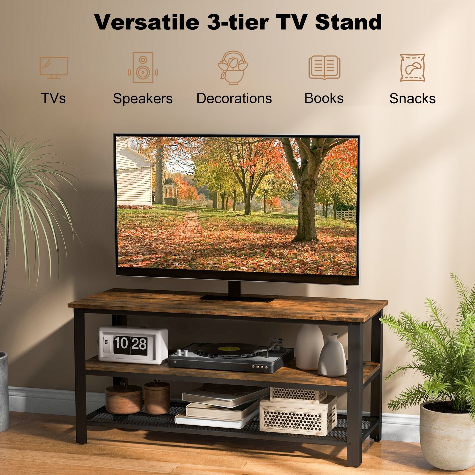 Industrial TV Stand up to 50 Inches with Power Outlets and USB Ports, Rustic Brown Entertainment Centers & TV Stands   at Gallery Canada