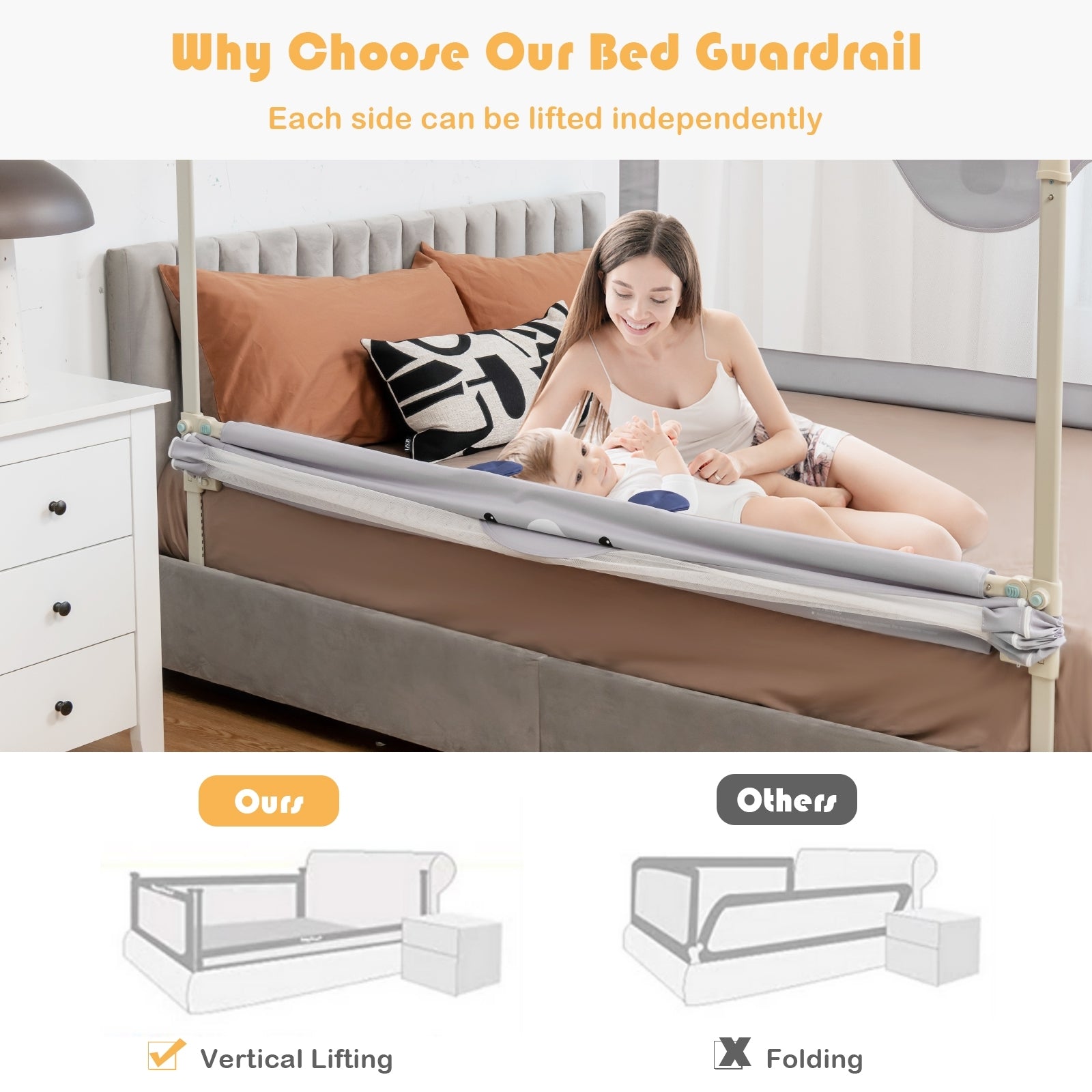 Vertical Lifting Baby Bedrail Guard with Lock-M, Gray Bed Rails   at Gallery Canada