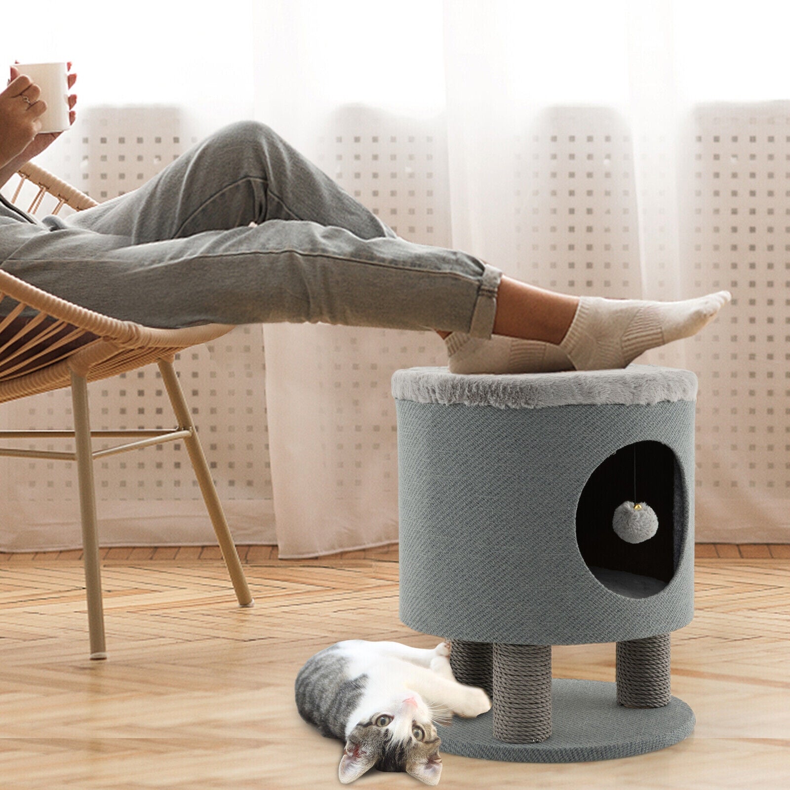 3-in-1 Cat Condo Stool Kitty Bed with Scratching Posts and Plush Ball Toy, Gray Cat Trees Condos & Scratchers   at Gallery Canada