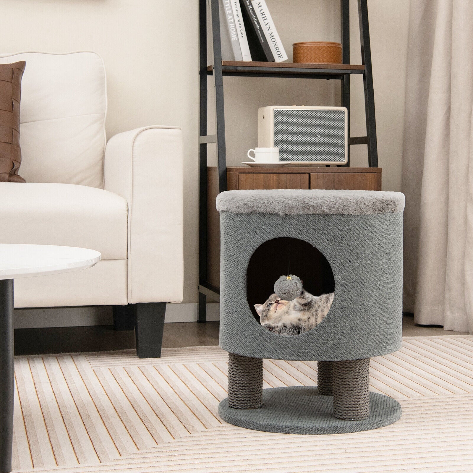 3-in-1 Cat Condo Stool Kitty Bed with Scratching Posts and Plush Ball Toy, Gray Cat Trees Condos & Scratchers   at Gallery Canada