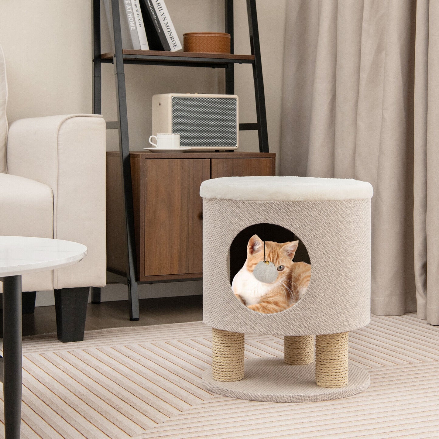 3-in-1 Cat Condo Stool Kitty Bed with Scratching Posts and Plush Ball Toy, Beige Cat Trees Condos & Scratchers   at Gallery Canada