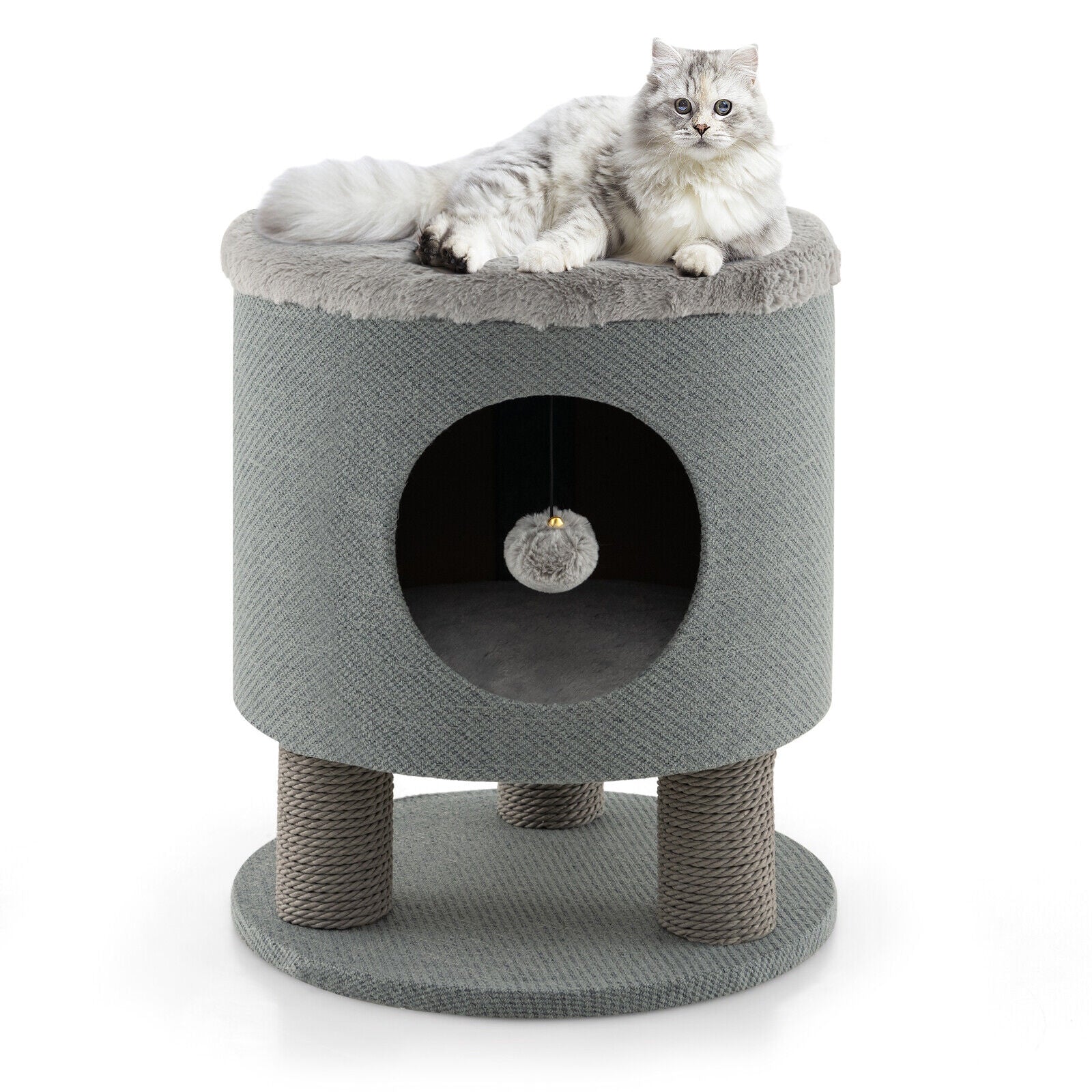 3-in-1 Cat Condo Stool Kitty Bed with Scratching Posts and Plush Ball Toy, Gray - Gallery Canada