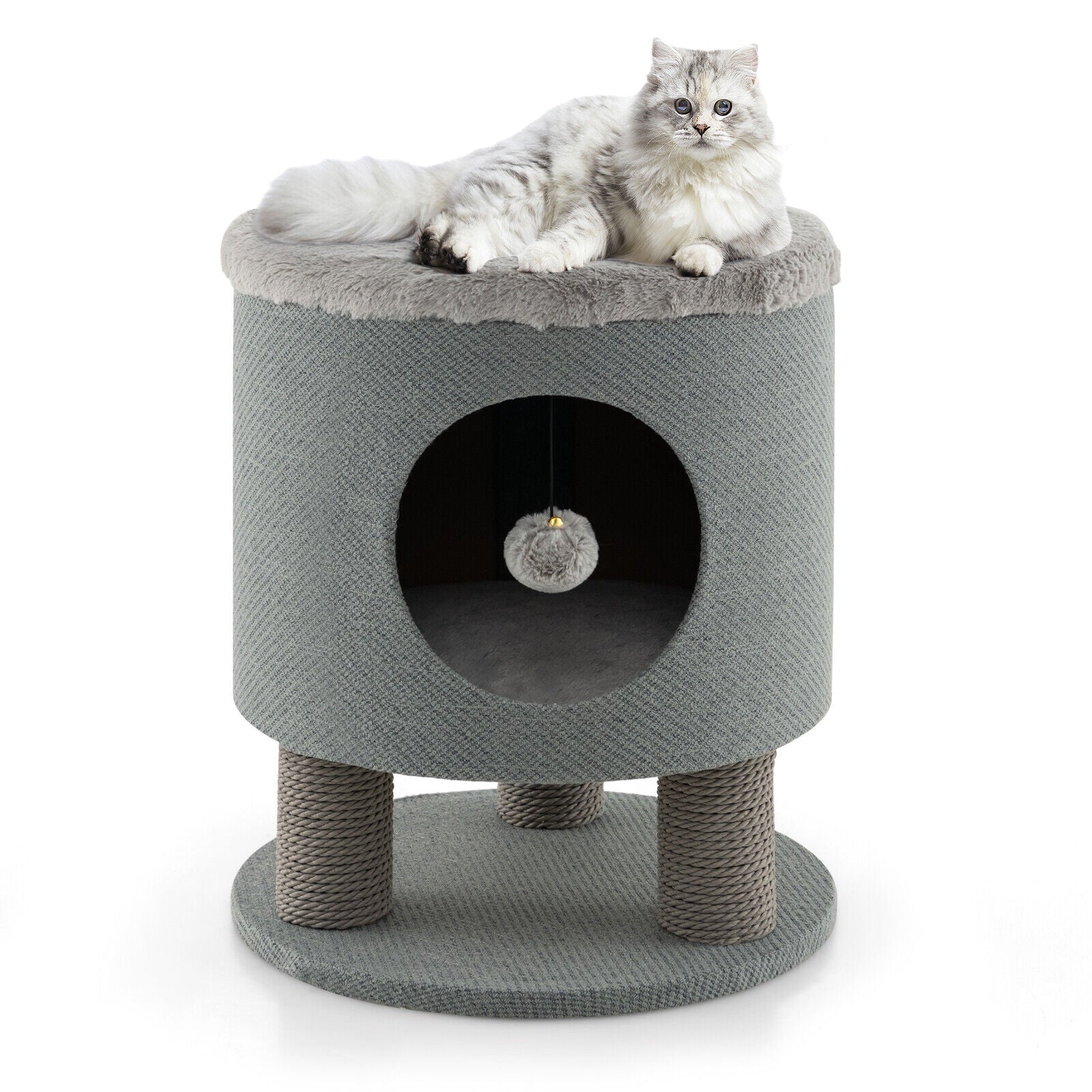 3-in-1 Cat Condo Stool Kitty Bed with Scratching Posts and Plush Ball Toy, Gray